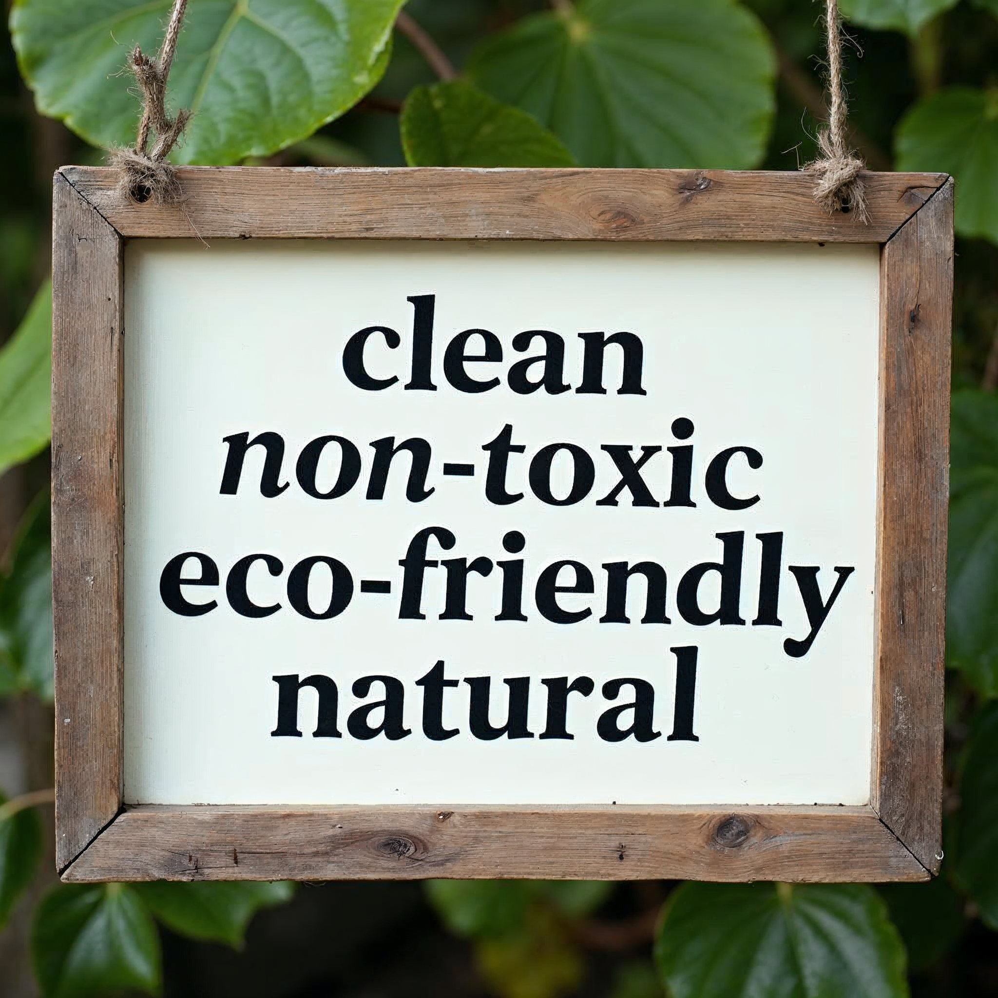 Sign in front of leaves says clean non-toxic eco-friendly natural