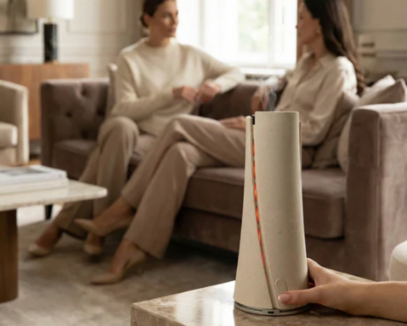Two ladies sitting on the couch in the background with a White Lumen scent diffuser from Potion & Twig sitting on an end table in the foreground.
