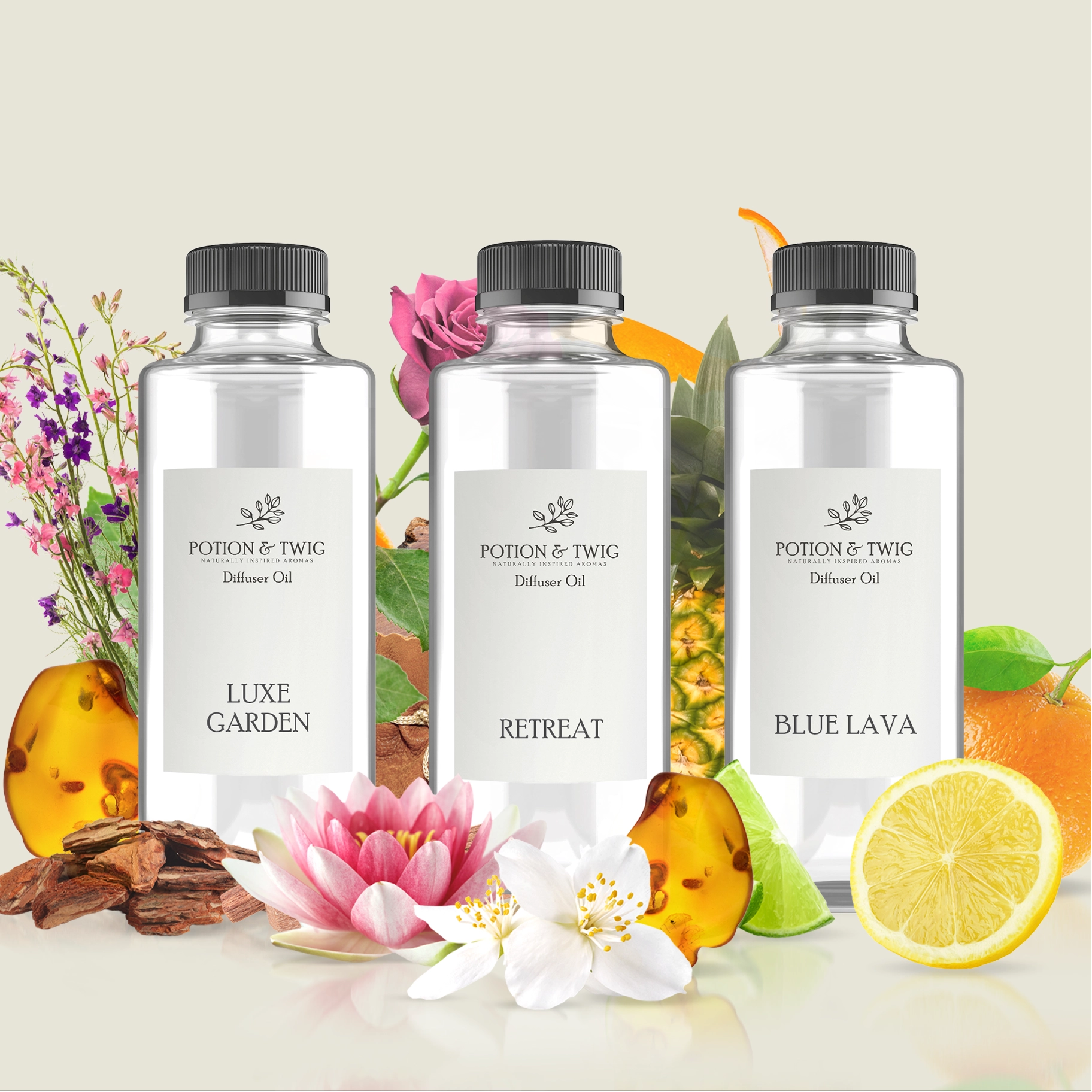 Three bottles of Potion & Twig diffuser oil labeled "Luxe Garden", "Retreat", "Blue Lava" with floral and fruit scent notes on a light background