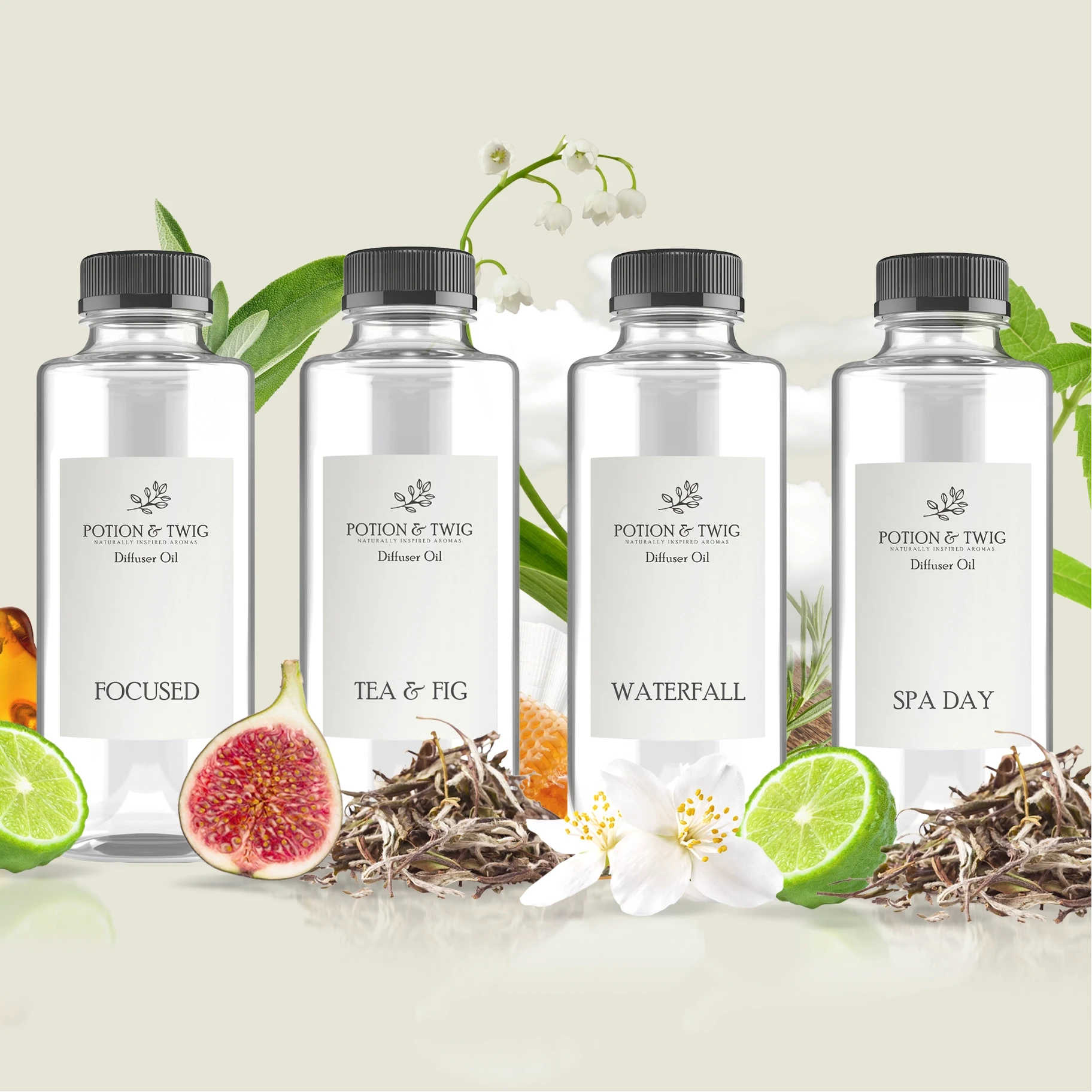 Four bottles of Potion & Twig diffuser oil with labels "Focused", "Tea & Fig", "Waterfall", "Spa Day" with scent notes in the background