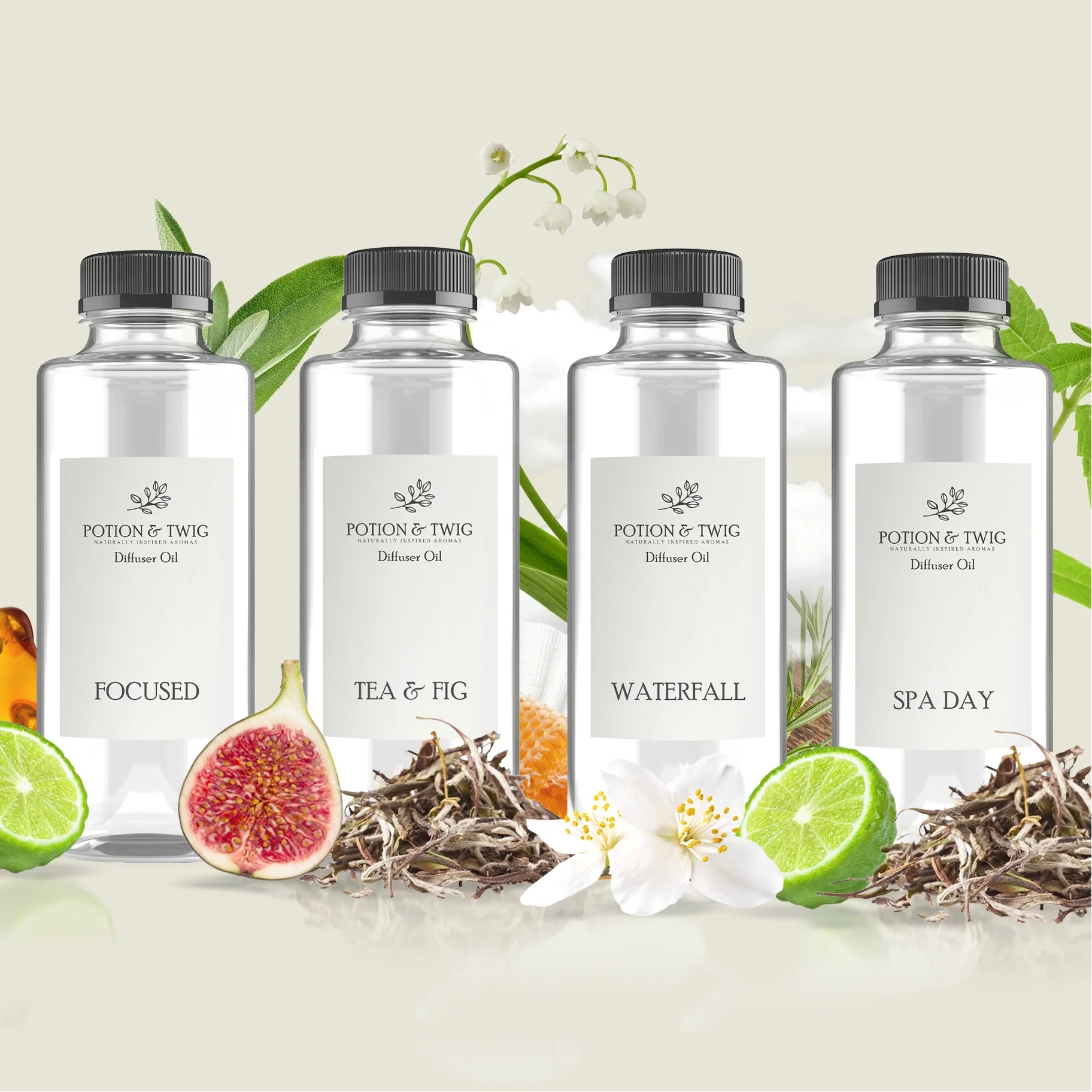 Four bottles of Potion & Twig diffuser oil with labels "Focused", "Tea & Fig", "Waterfall", "Spa Day" with scent notes in the background