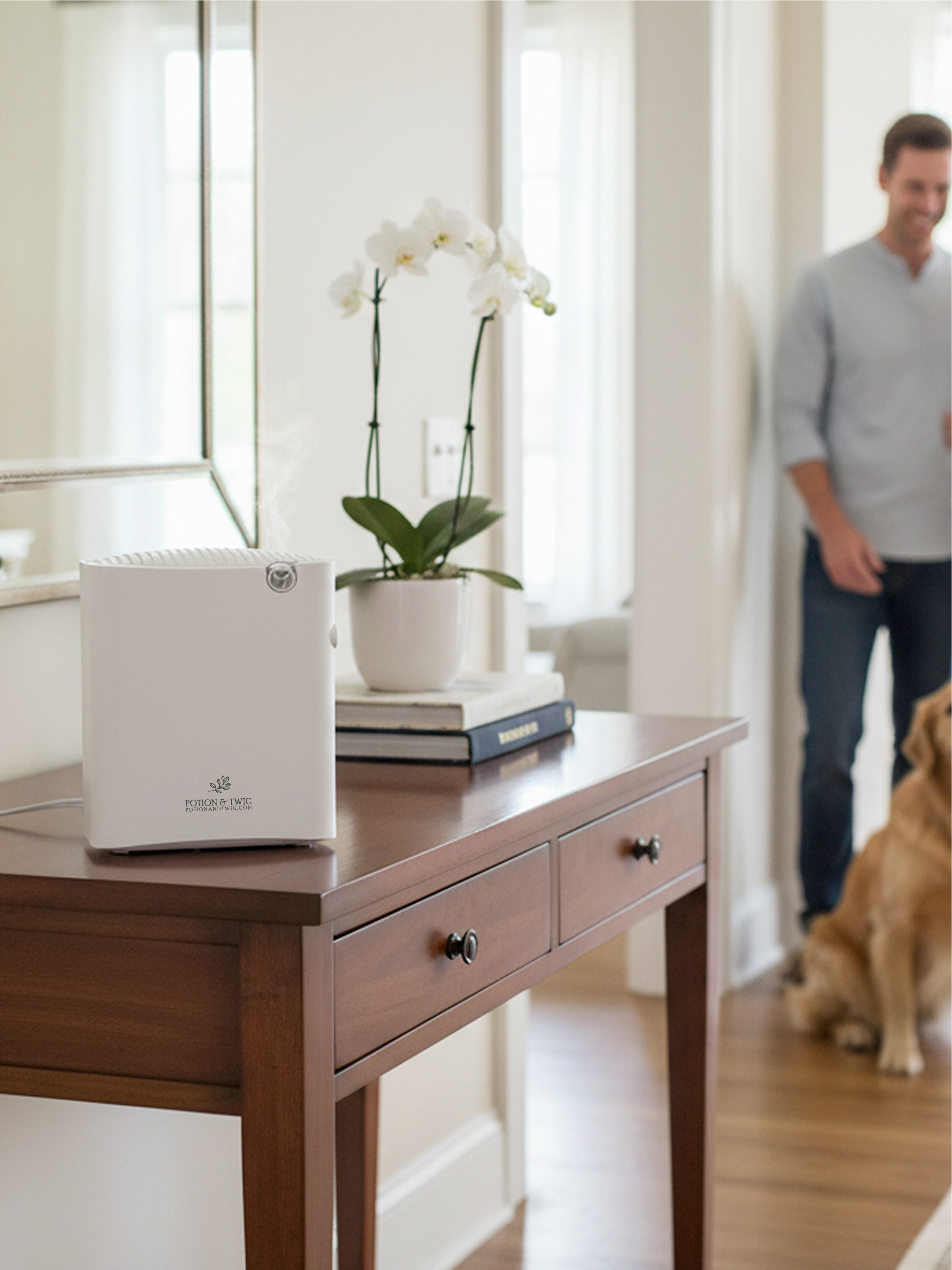 Wooden table with a white Gallery scent diffuser and plant, blurred man and dog in the background