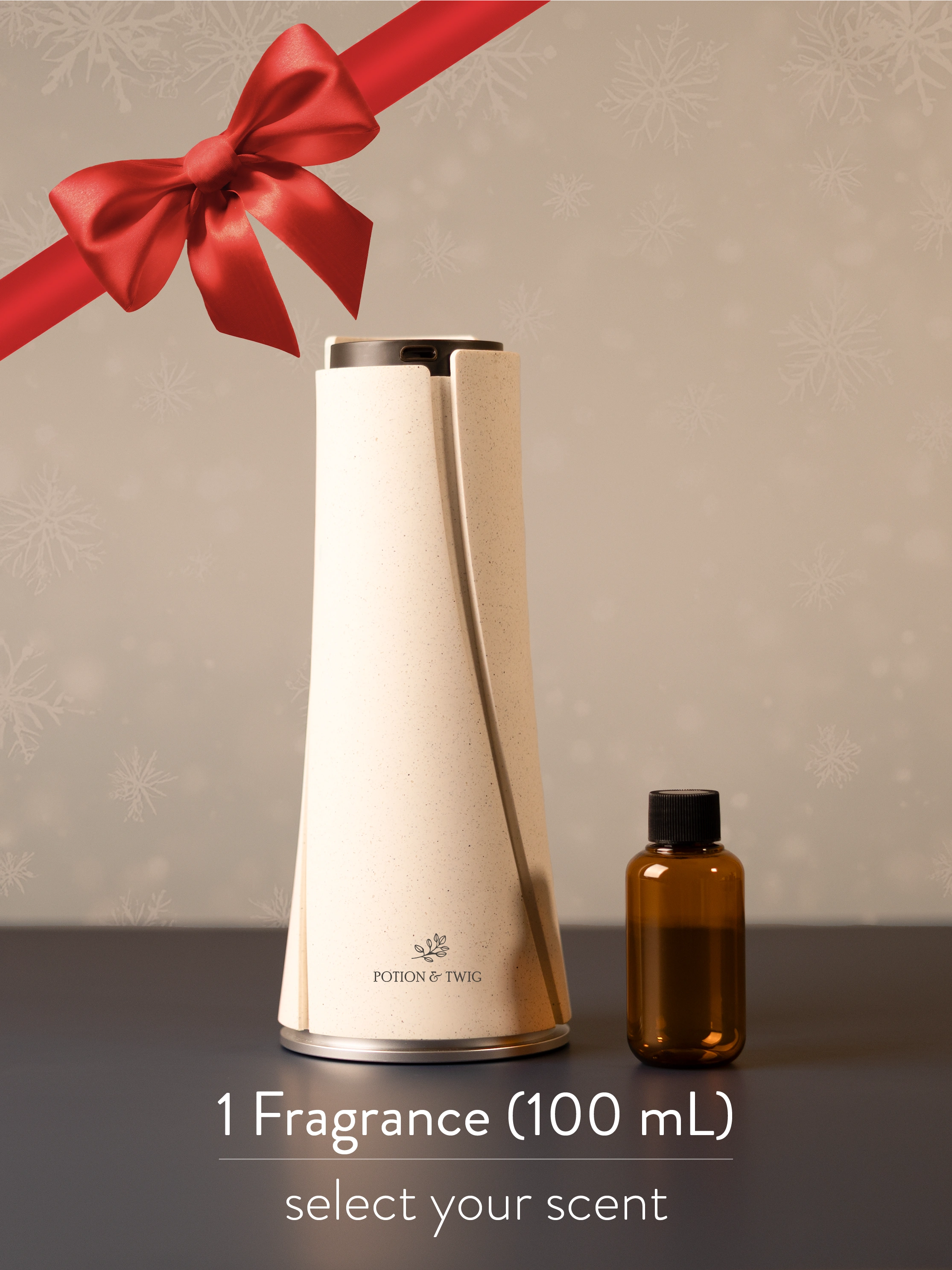 Lumen White smart home diffuser with fragrance bottle and a red ribbon.