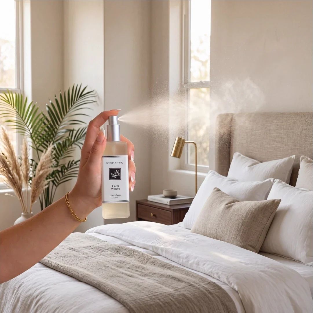 Person spraying a room spray branded "Potion & Twig" into a bedroom