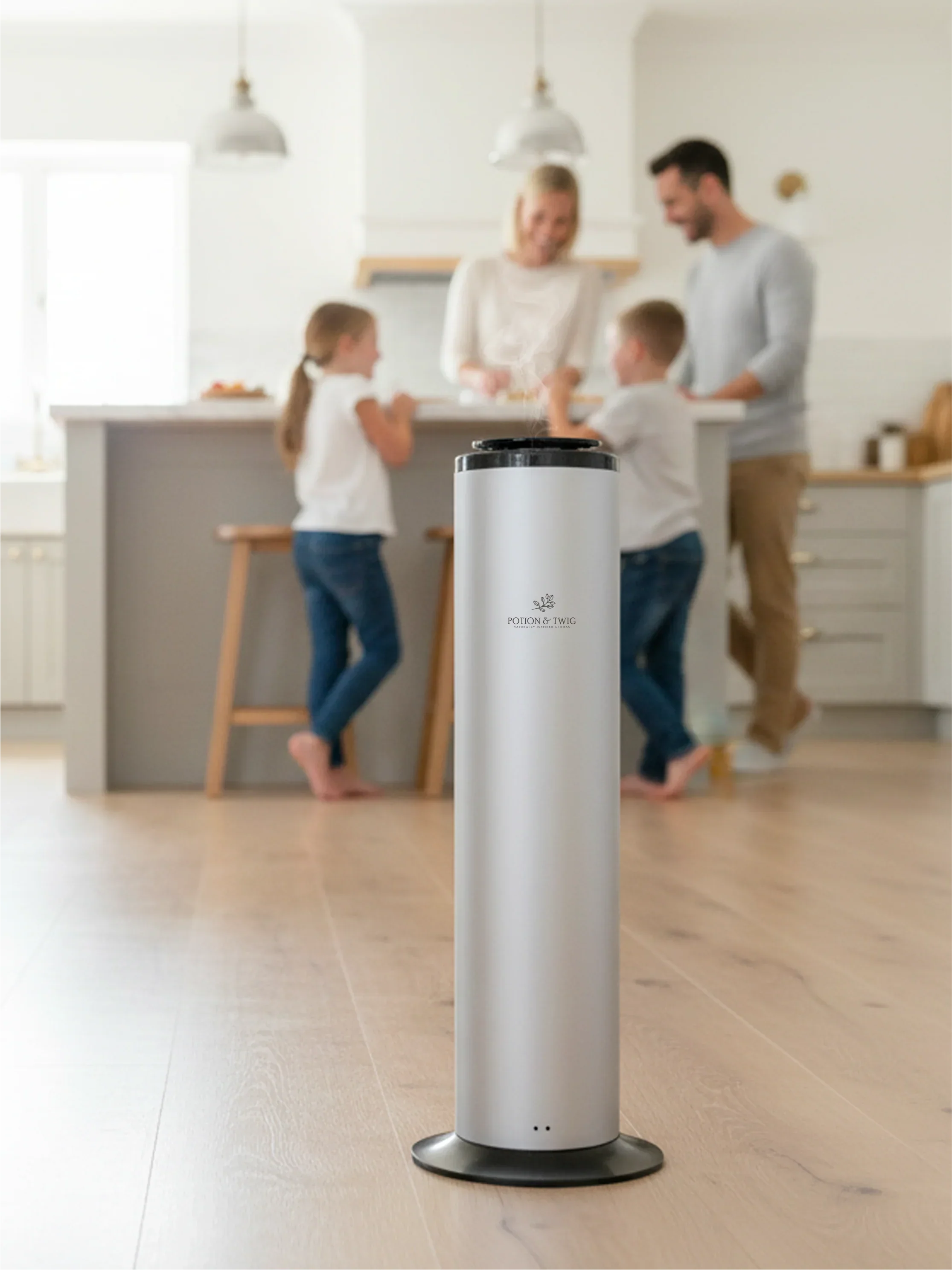 Terra Diffuser smart tower for large spaces in the foreground with a family in the background.