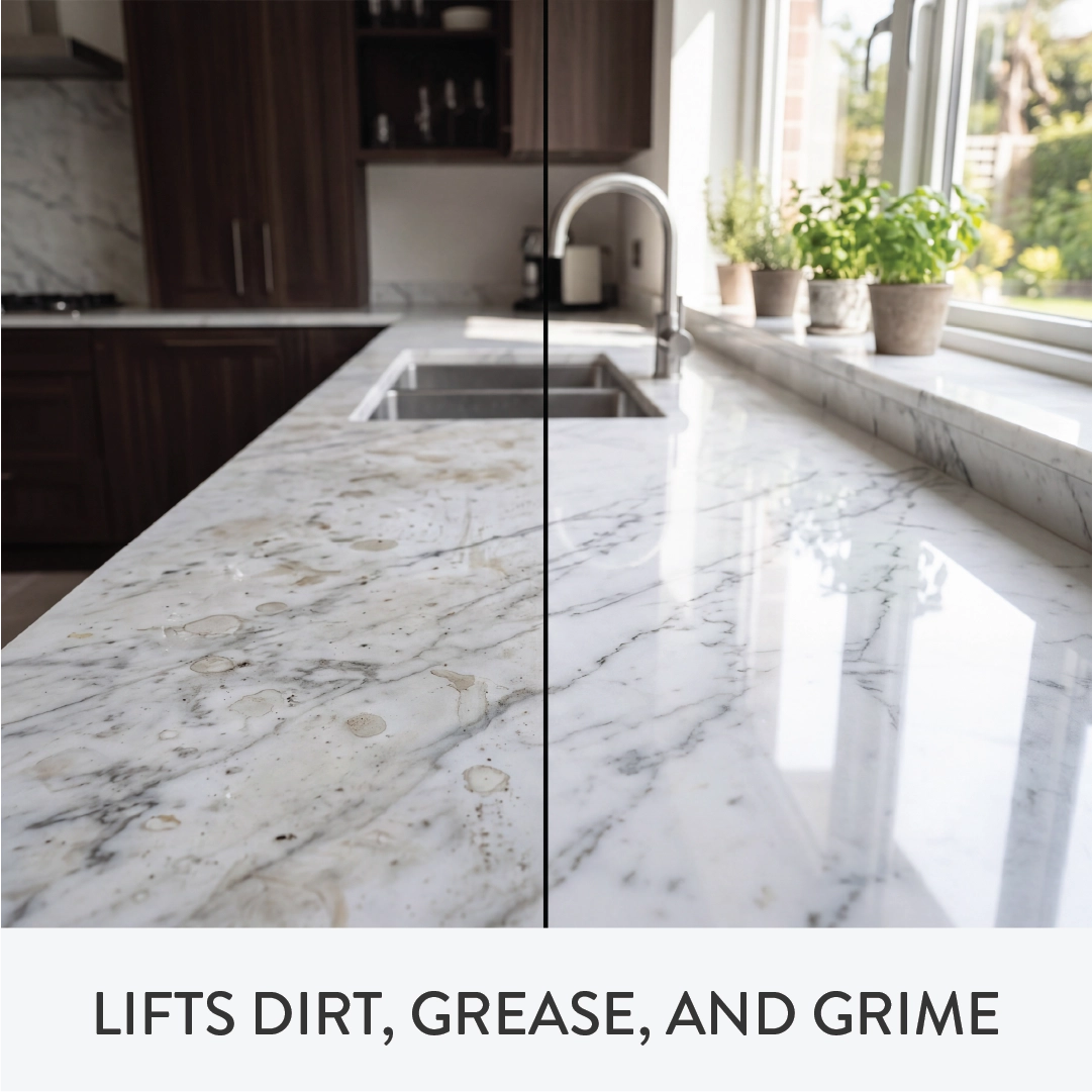Side-by-side comparison of a marble countertop with and without cleaning product application, labeled 'Lifts Dirt, Grease, and Grime'.