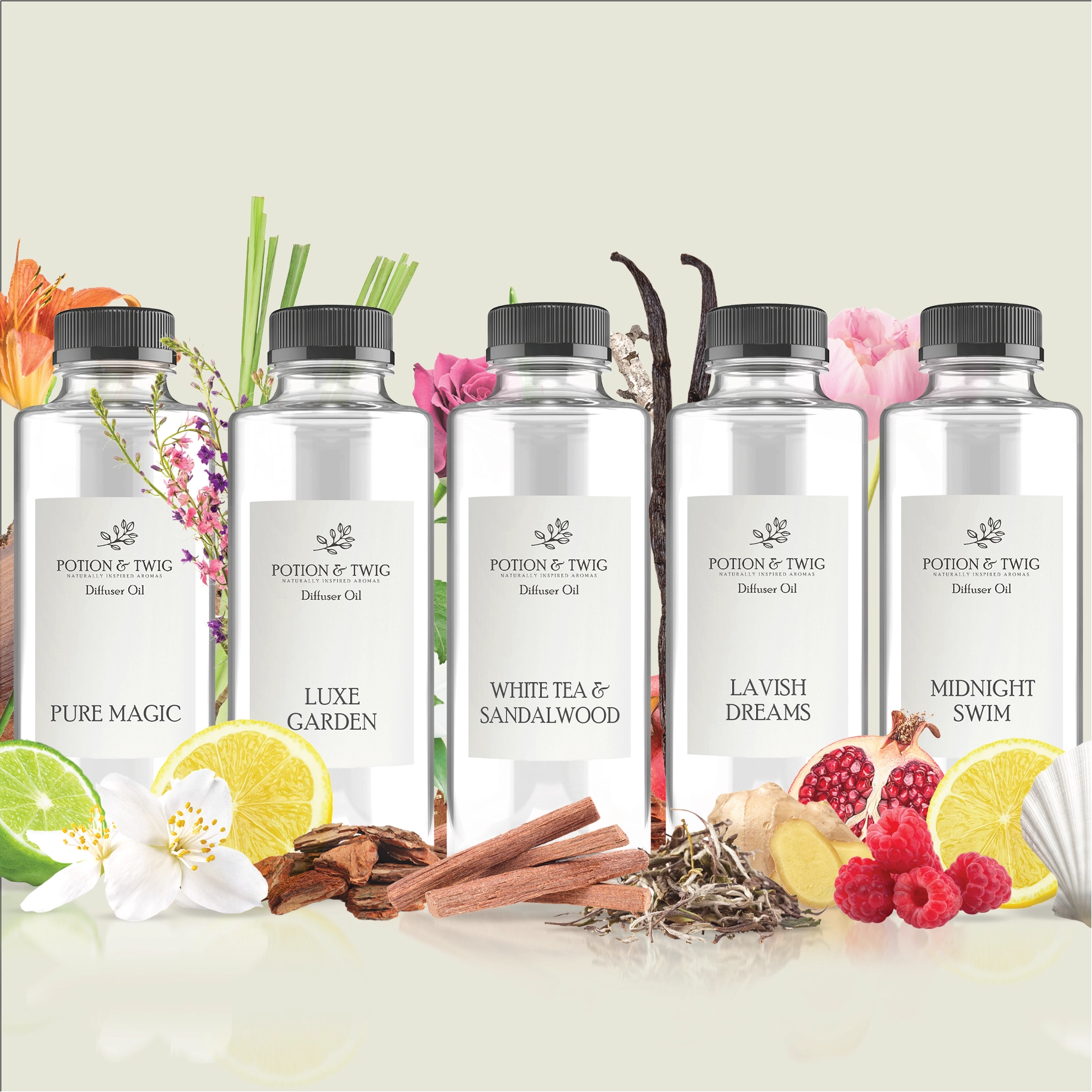 Five bottles of Potion & Twig diffuser fragrance labeled "Pure Magic", "Luxe Garden", "White Tea & Sandalwood", "Lavish Dreams", "Midnight Swim" with various scents on a white background