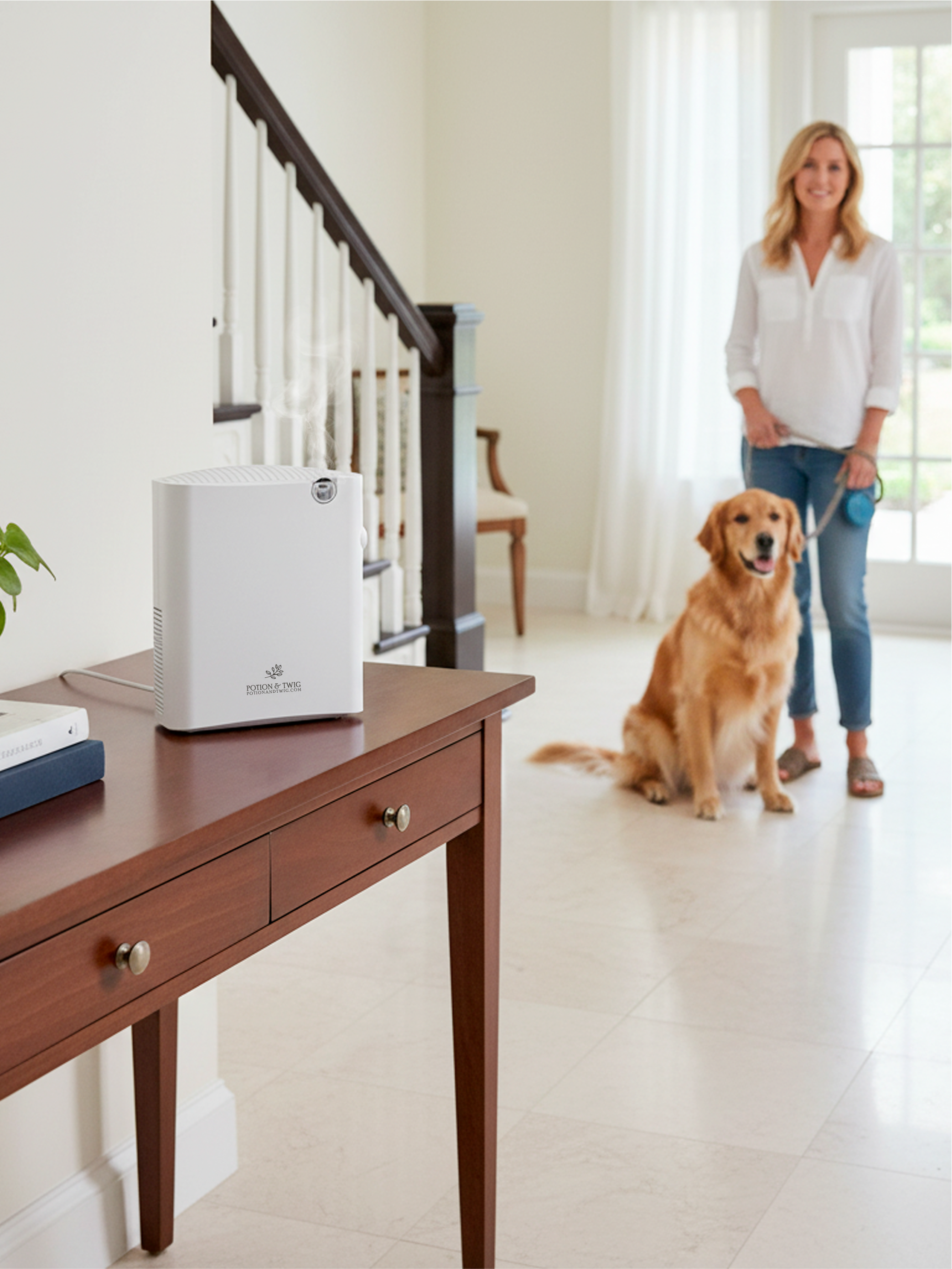 Woman standing with a dog in a home interior, featuring a white Gallery scent diffuser on a wooden table.