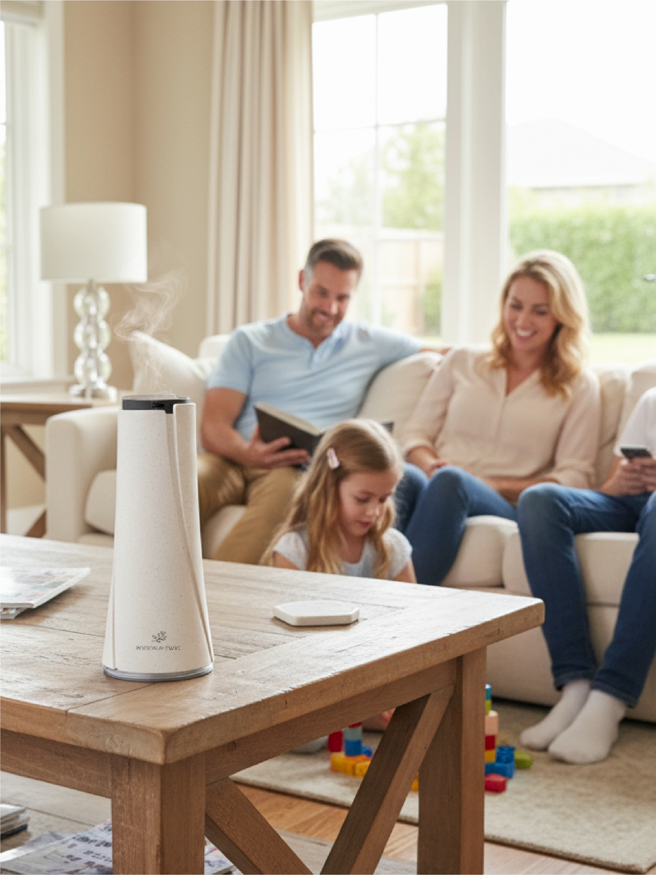 Family sitting on a couch in a living room with a white Lumen wireless scent diffuser on a wooden table.