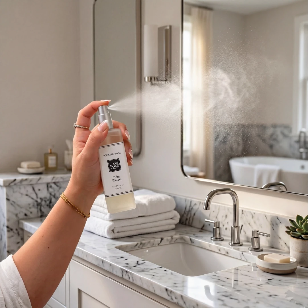 Person holding a bottle of Room Spray branded "Potion & Twig" spraying into the air in a bathroom with marble countertop and bathtub.