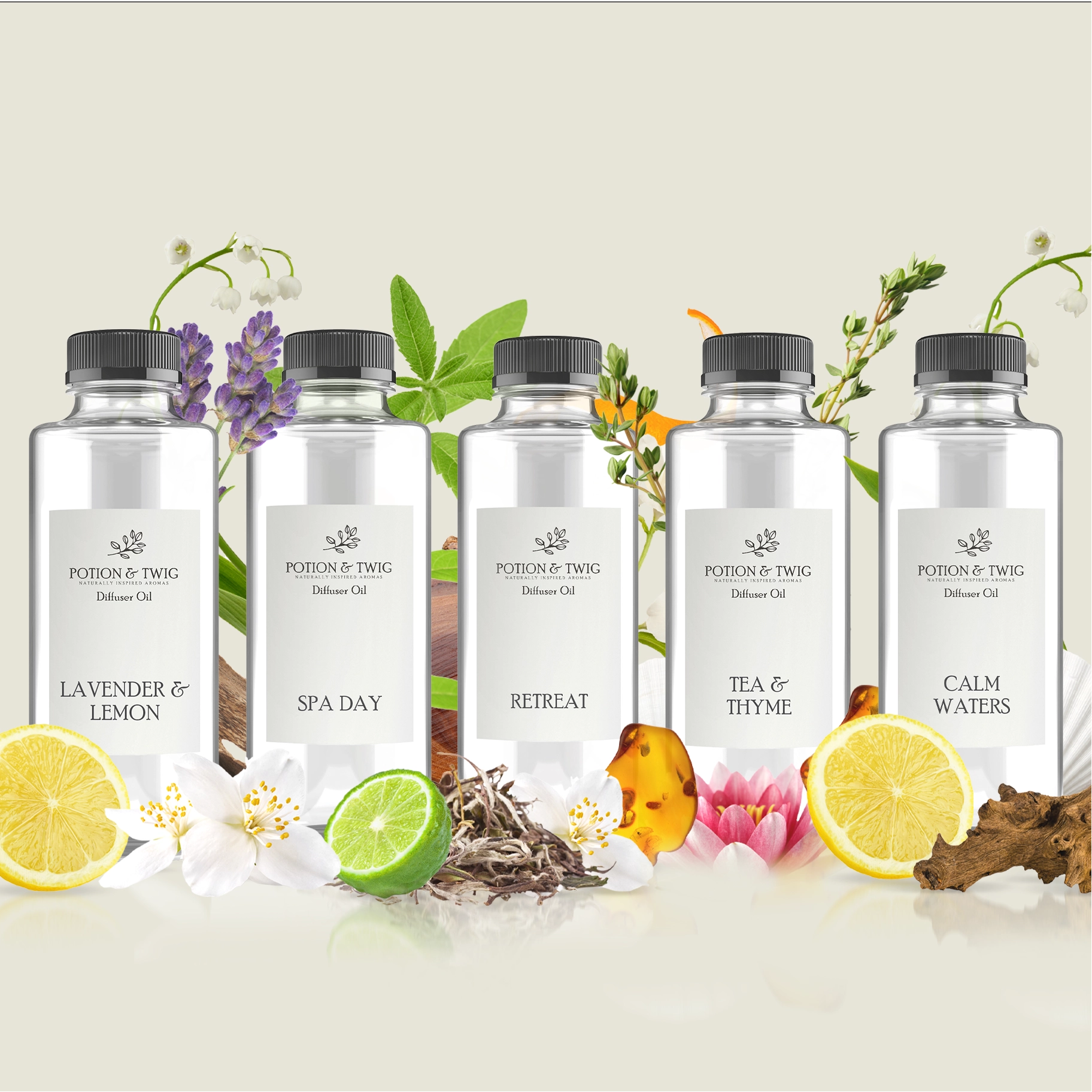 Five bottles of Potion & Twig diffuser oil with labels "Lavender & Lemon", "Spa Day", "Retreat", "Tea & Thyme", "Calm Waters" with scent notes in the background
