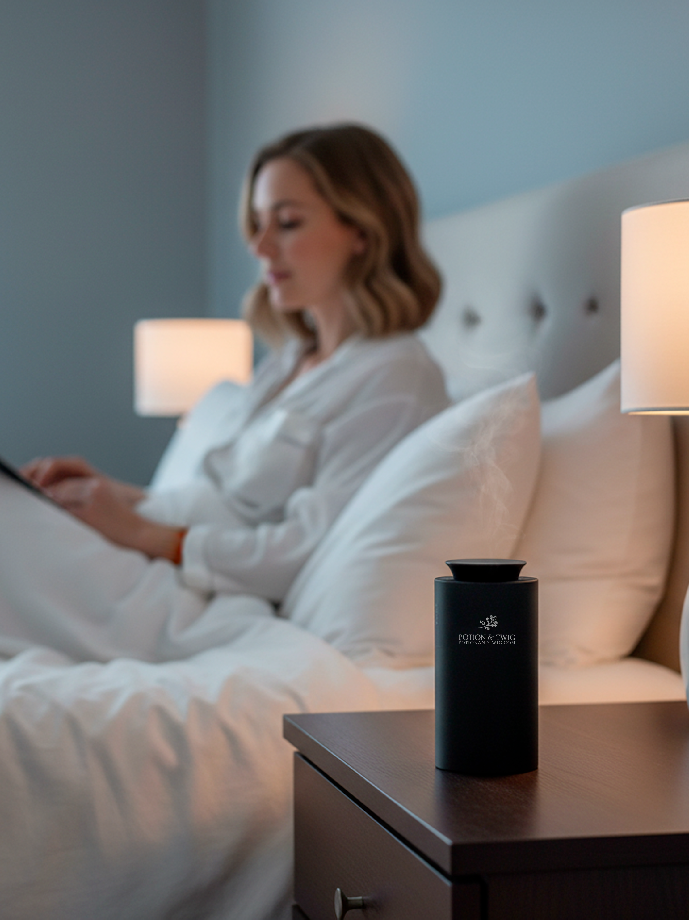 Woman in a robe using a laptop on a bed with a black Companion scent diffuser on a nightstand.