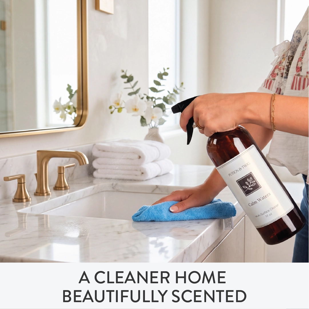 Person cleaning a bathroom counter with a bottle of cleaner branded "Potion & Twig" and text 'A Cleaner Home Beautifully Scented'.