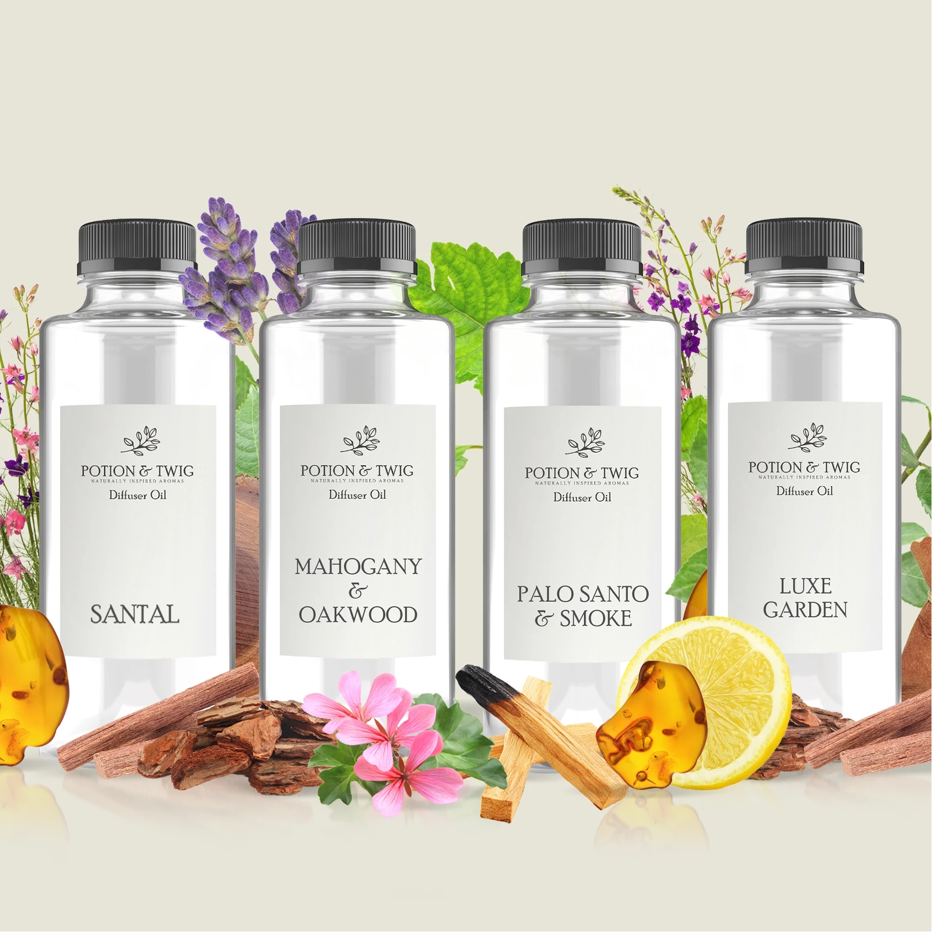 Four bottles of Potion & Twig diffuser oil with labels "Santal", "mahogany & Oakwood", "Palo Santo & Smoke", "Luxe Garden" with scent notes in the background