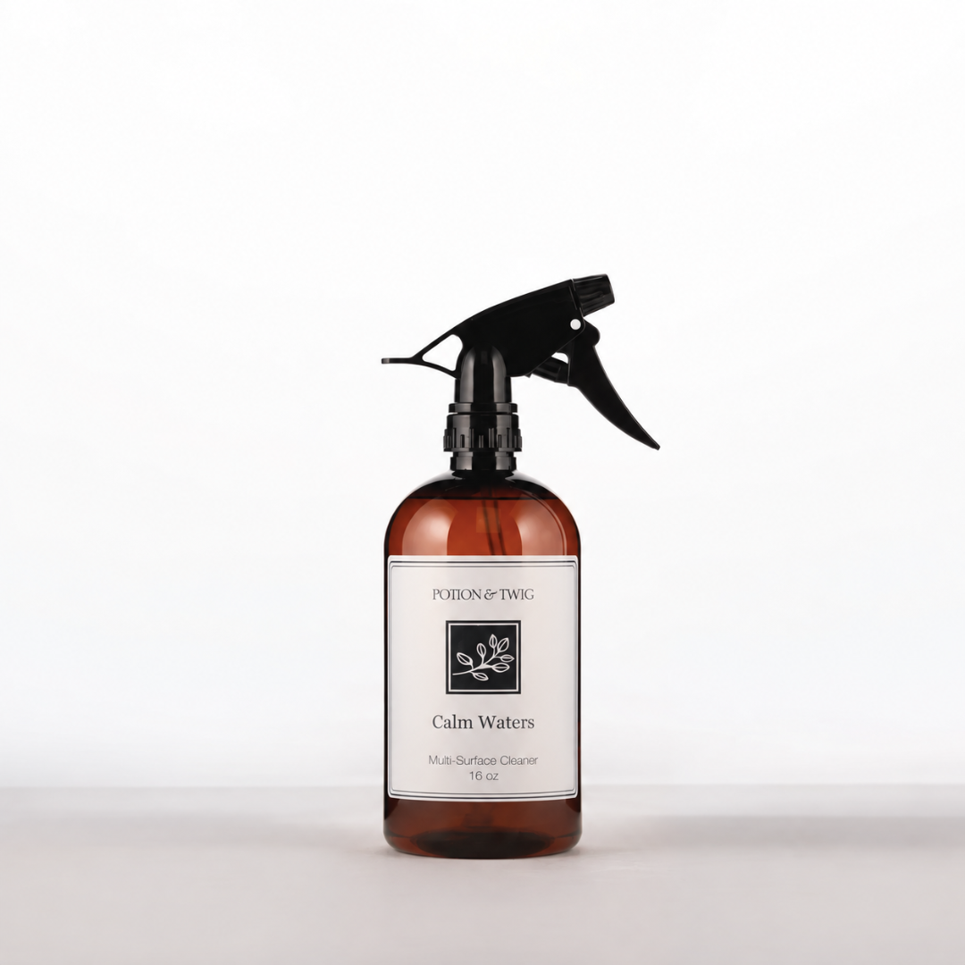 16oz Multi-surface cleaner bottle branded Potion & Twig and labeled Calm Waters on a white background