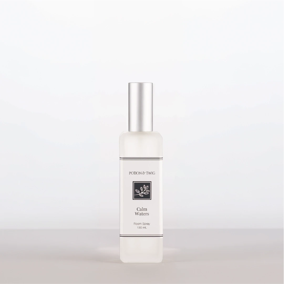 Room Spray bottle labeled 'Calm Waters' by Potion & Twig on a white background