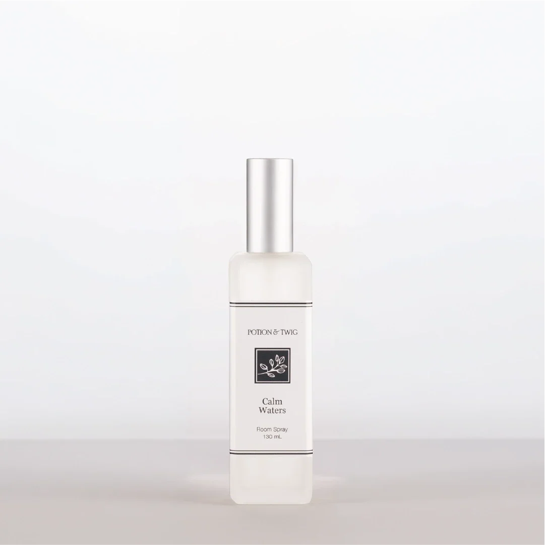 Room Spray bottle labeled 'Calm Waters' by Potion & Twig on a white background
