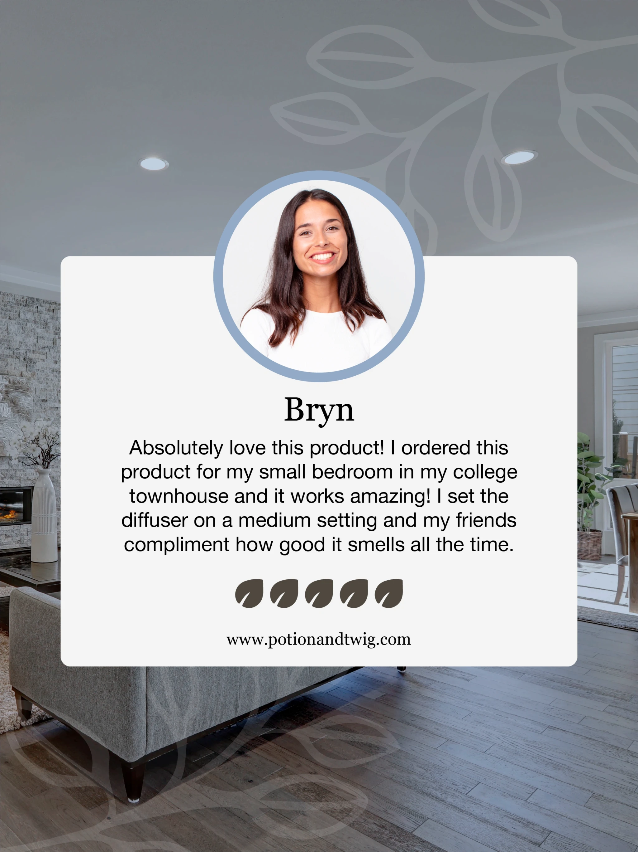 Product review card with a woman's face and text about a diffuser in a room setting.