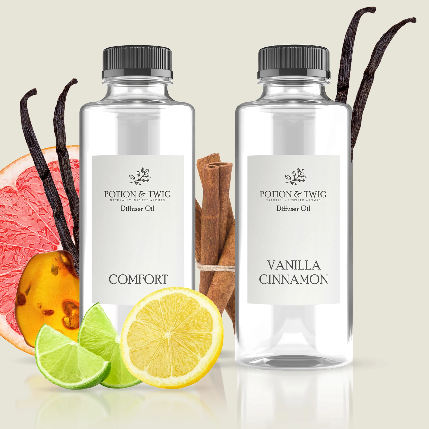 Two bottles of Potion & Twig diffuser oil with "Vanilla Cinnamon" and "Comfort". on a light background with scent notes around them.