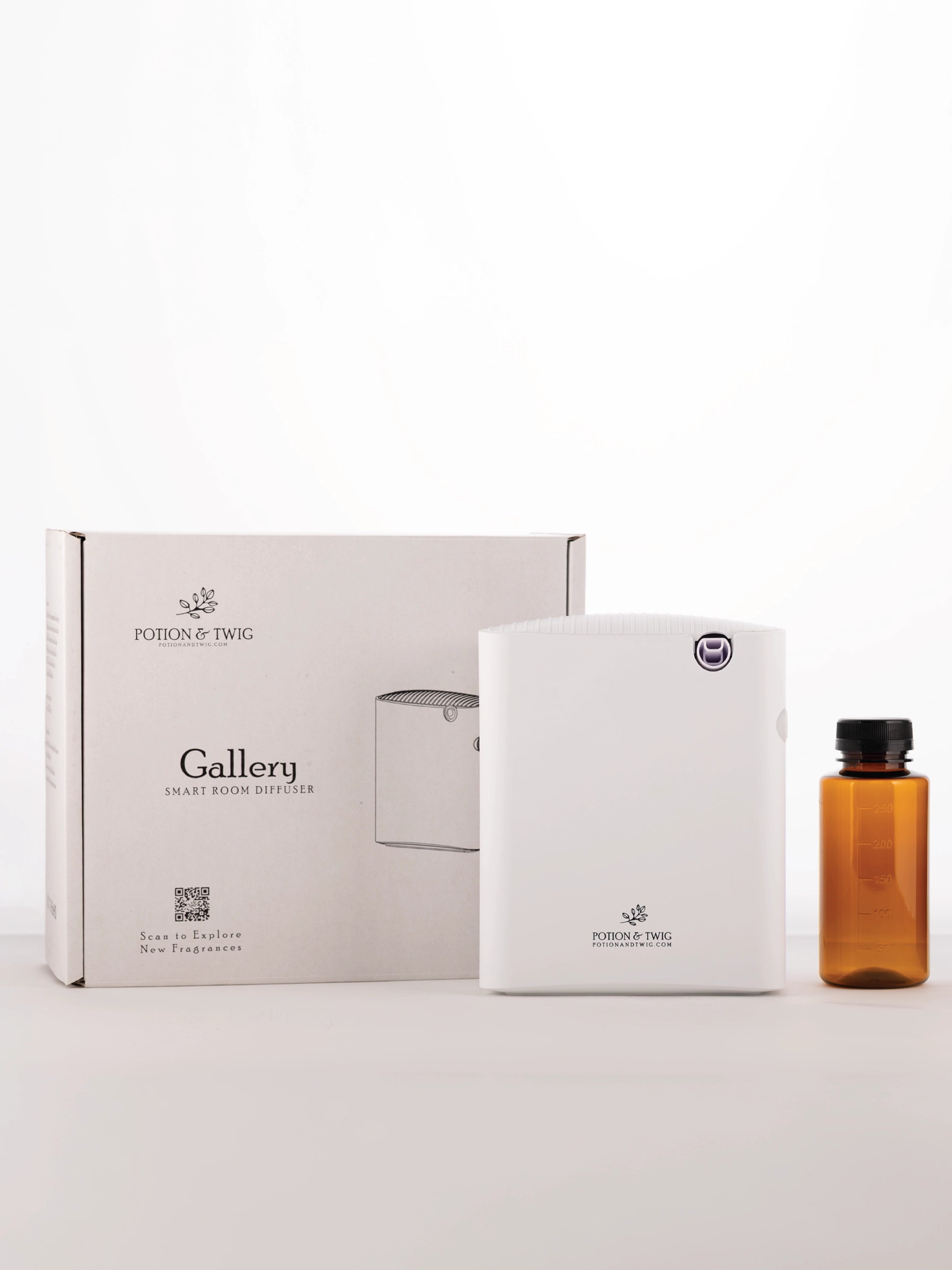 Gallery scent diffuser packaging with a bottle on a light background