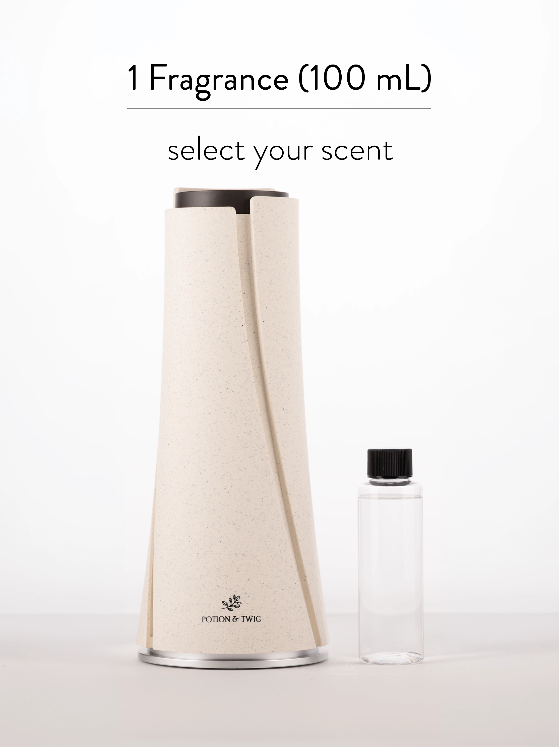 White tower diffuser with a clear bottle of scent diffuser oil on a white background