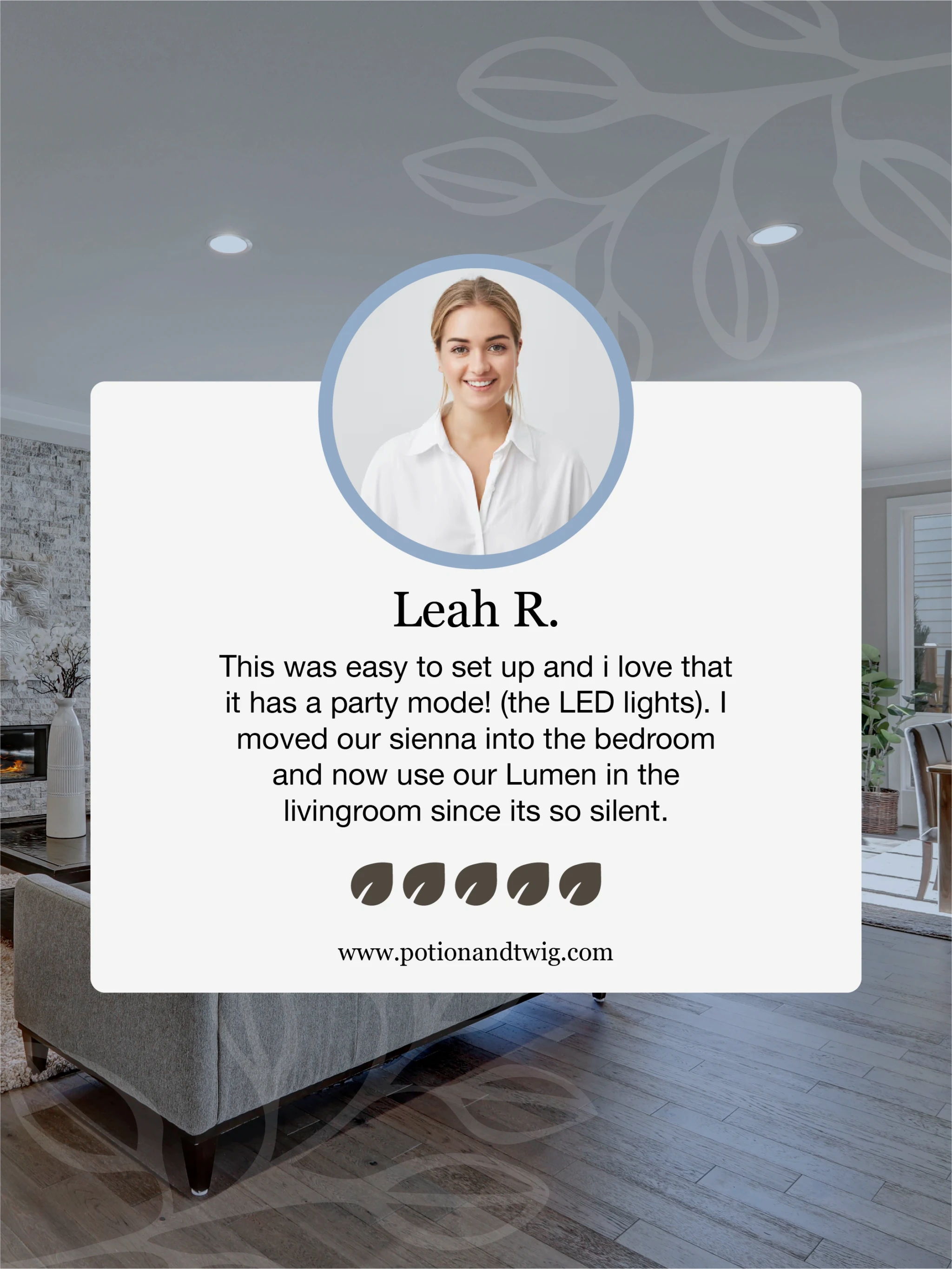 Living room with a gray sofa and a woman's face in a circular inset, with a customer review for the Lumen