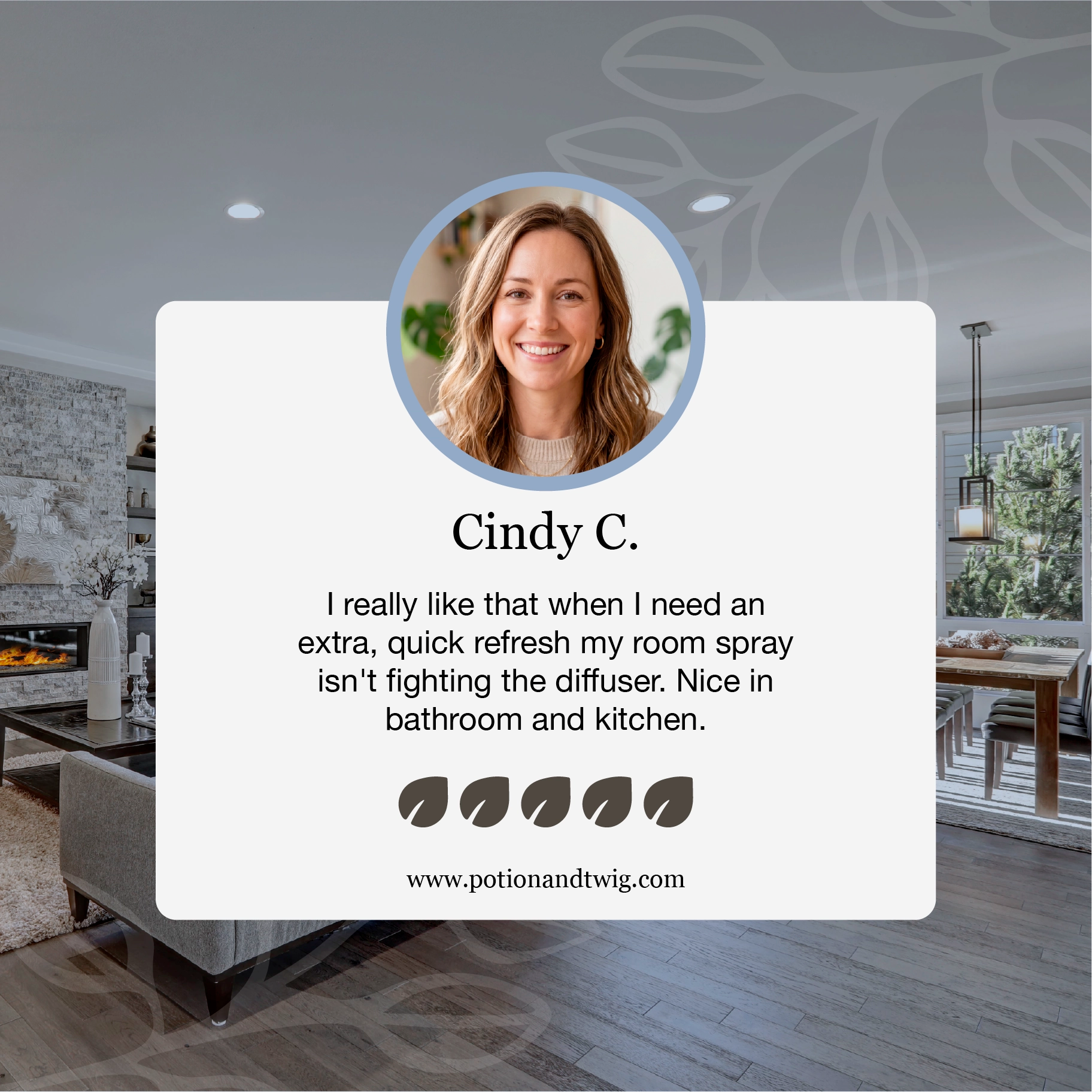 Product review card with a woman's face and text overlay on a blurred room background