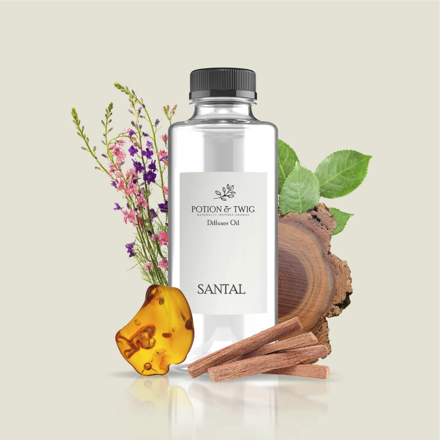 Bottle of Santal perfume with green floral, amber musk, and woody sandalwood notes.