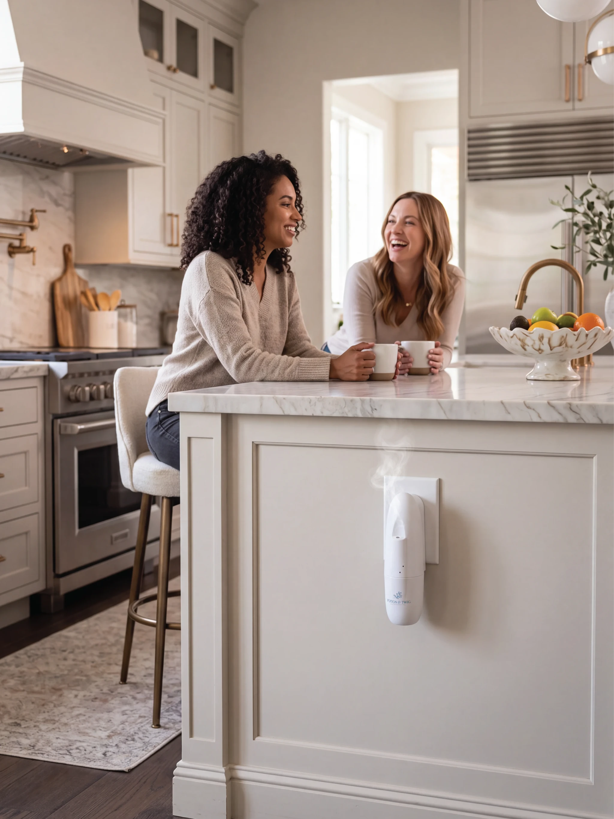 Two women laughing at a kitchen island while a white wall plug-in diffuser releases a fine mist toward them. The kitchen has white cabinets, marble countertops, and stainless steel appliances.