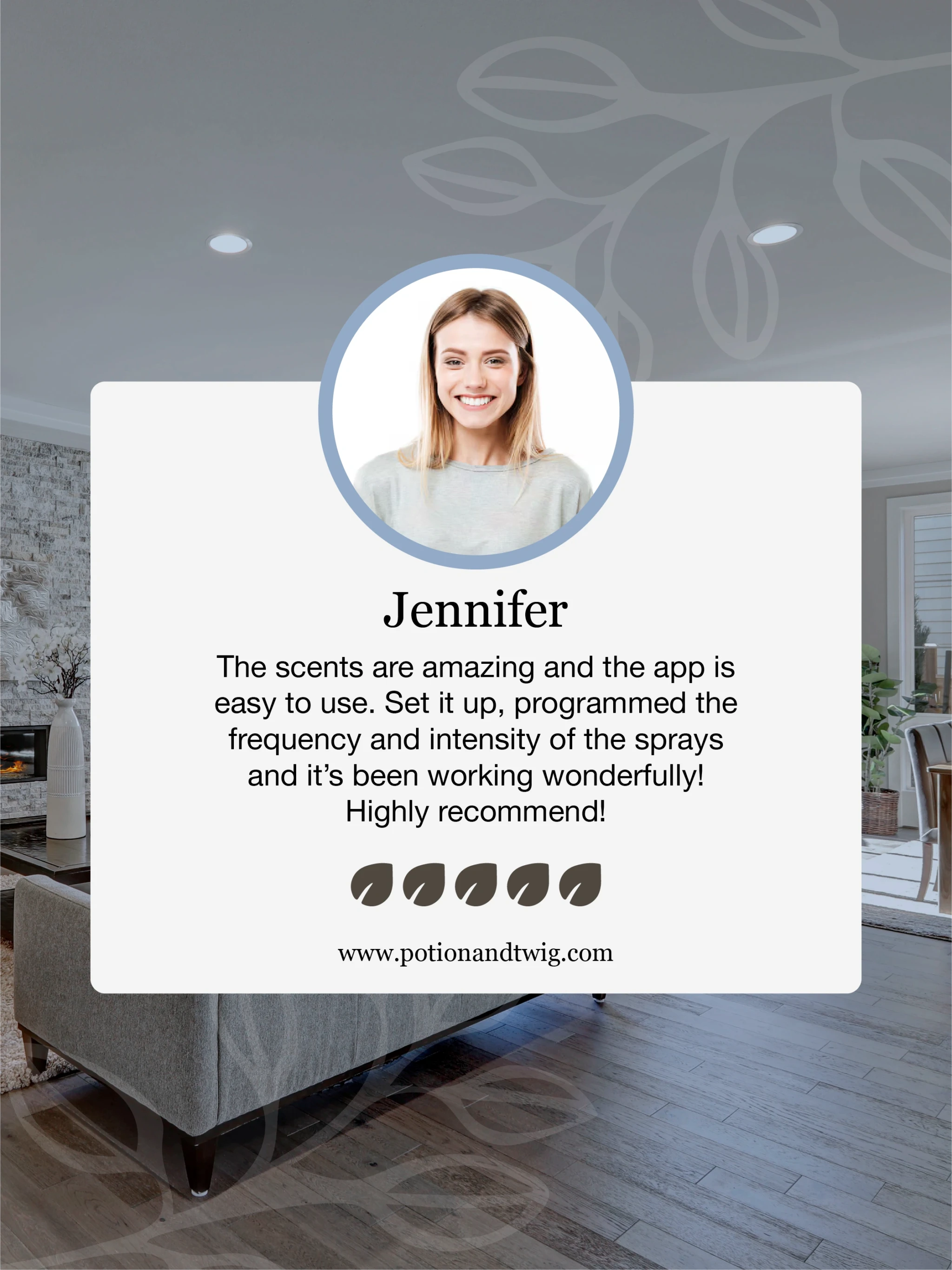 Product review card with a woman's face and text about scents and app ease of use, set against a blurred room background.