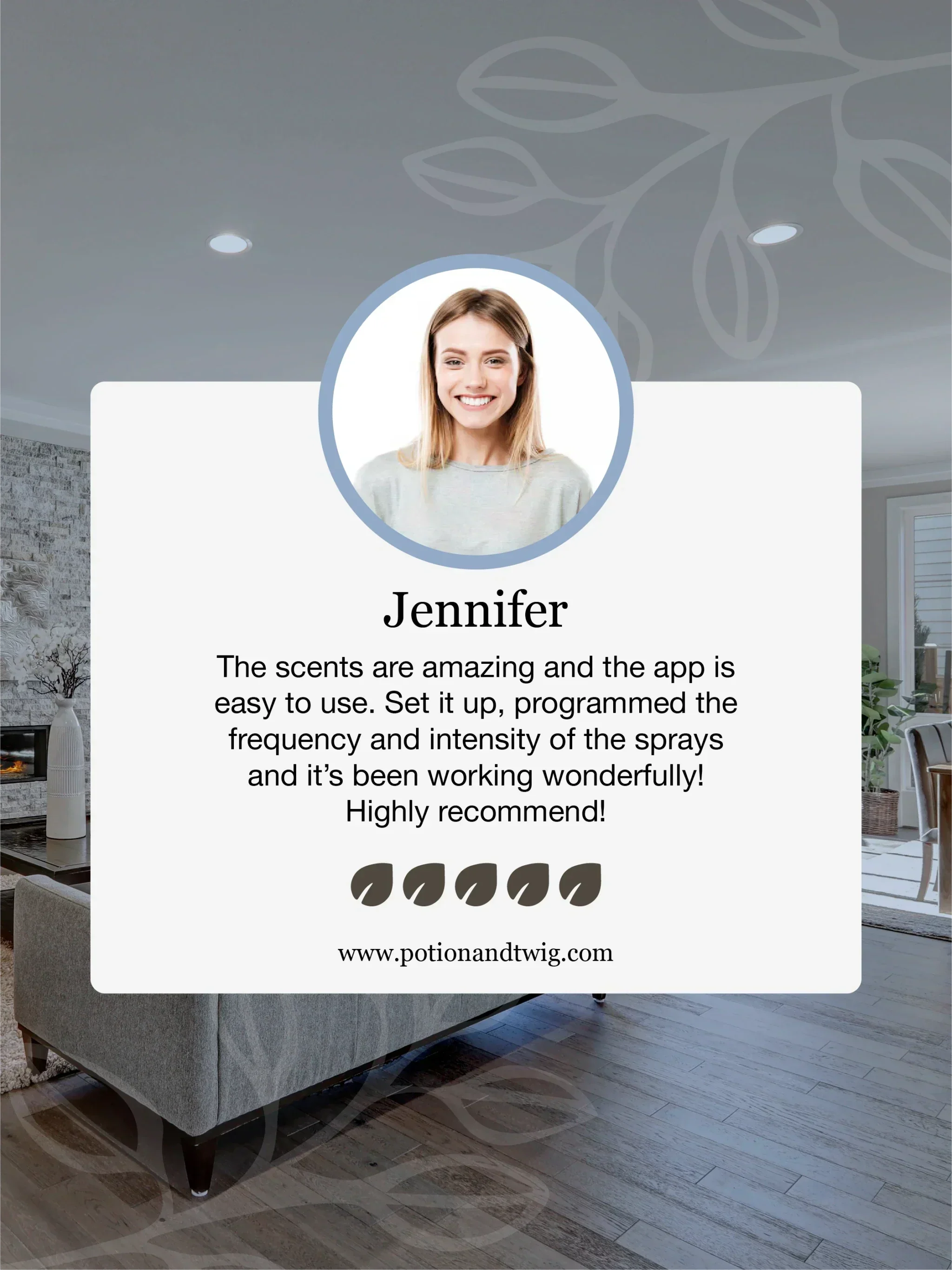Product review card with a woman's face and text about scents and app ease of use, set against a blurred room background.