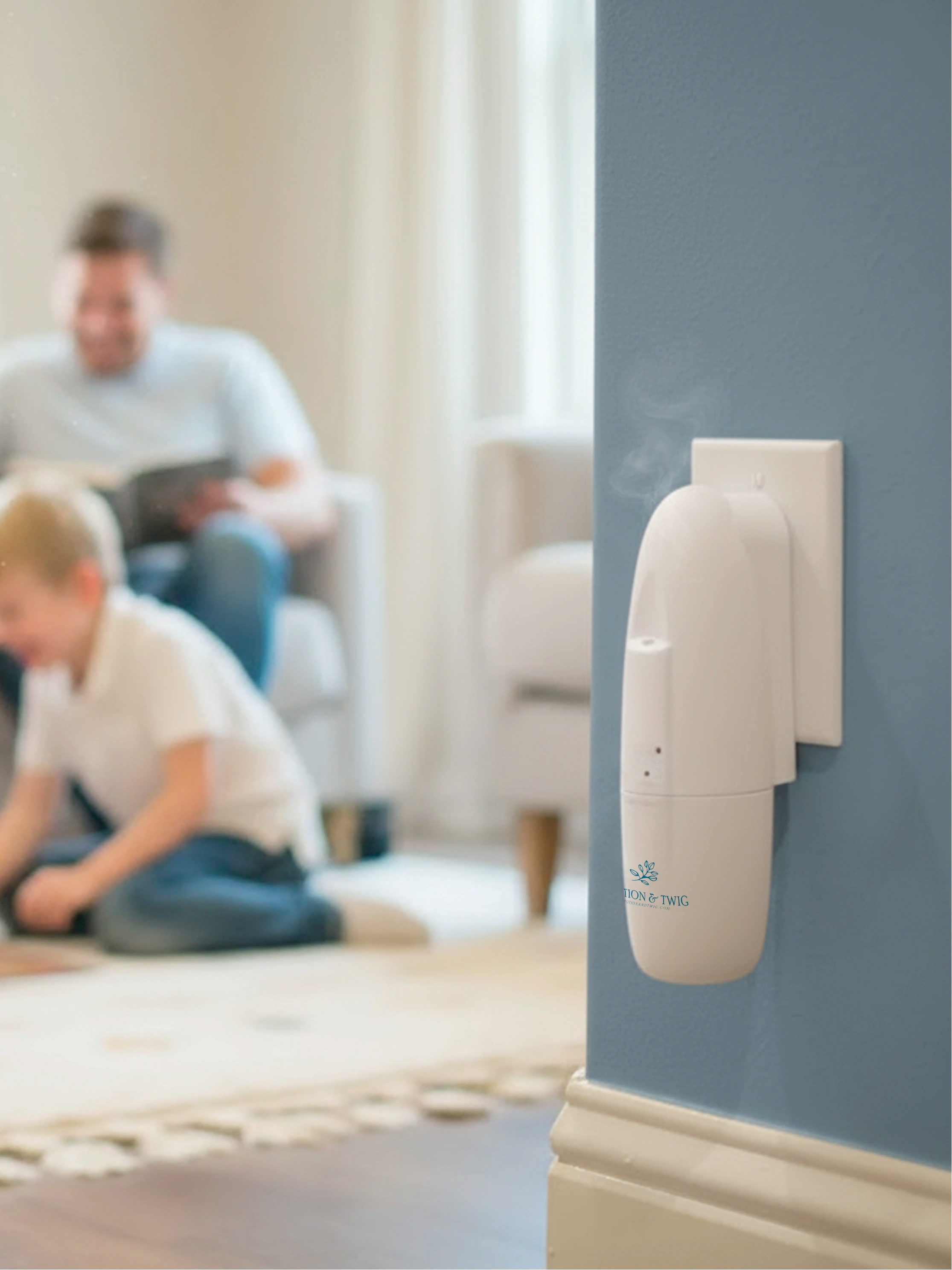 Sienna wall plug-in scent diffuser on a wall with a living room in the background