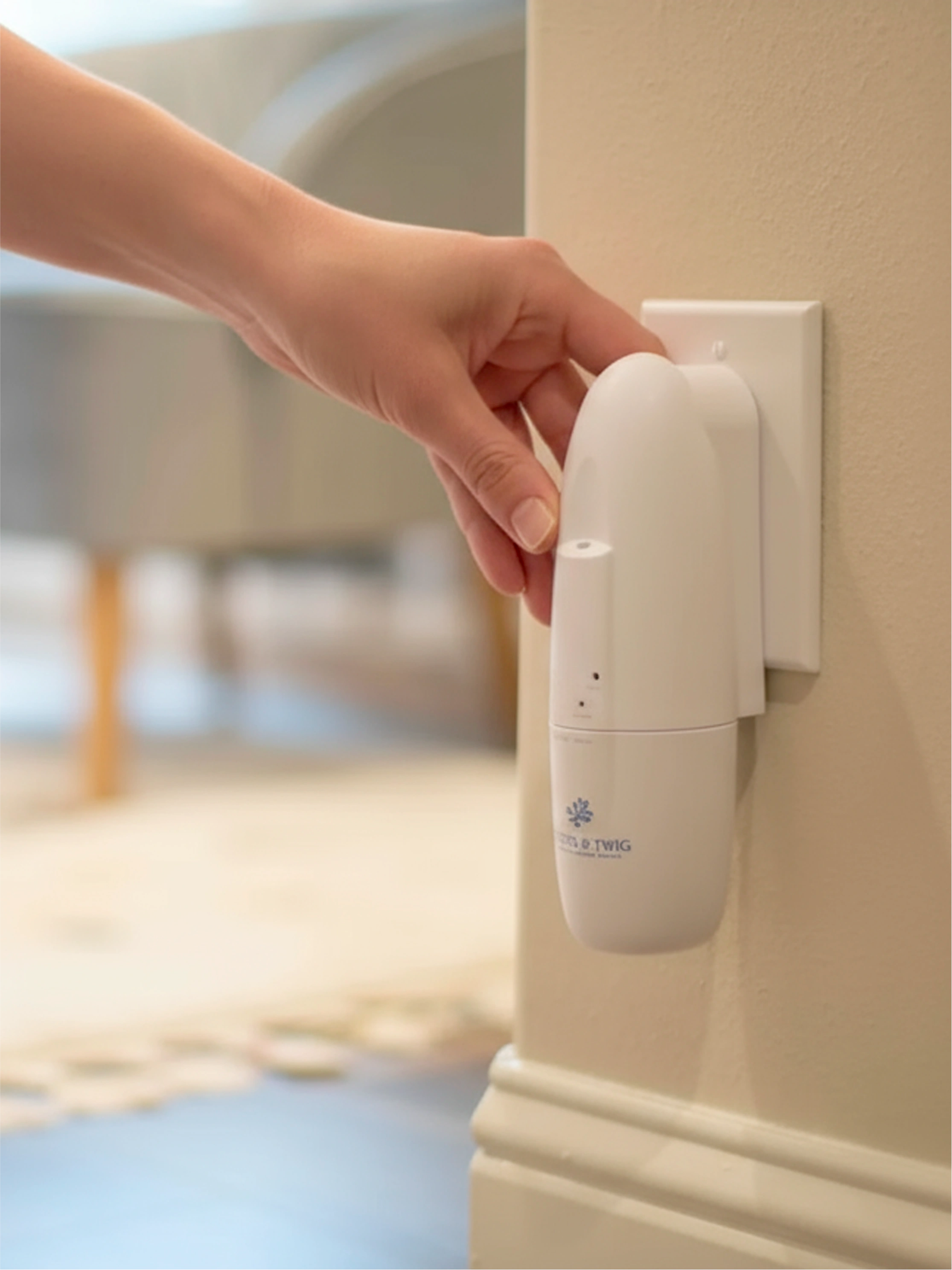 Hand touching "Sienna" scent diffuser plugged into wall outlet
