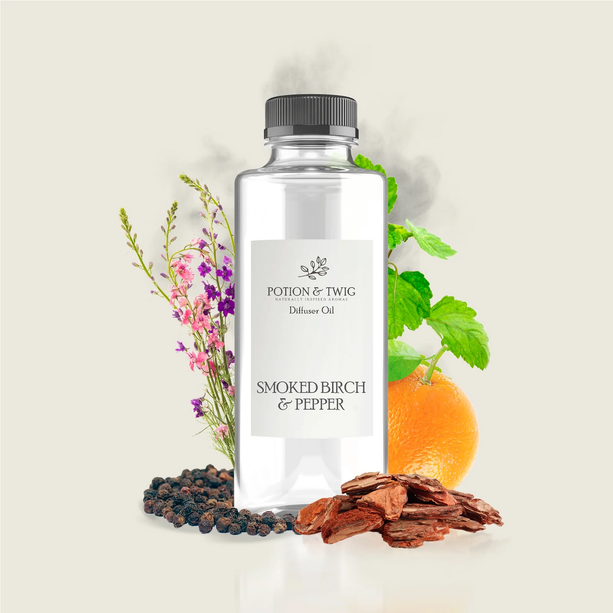 Clear plastic bottle with black cap labeled Smoked Birch & Pepper diffuser oil surrounded by peppercorns, orange, wood chips, and floral sprigs