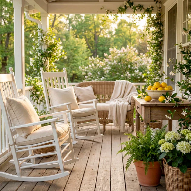 Cozy Southern Porch outdoor porch with rocking chairs, a table with lemons, and potted plants.
