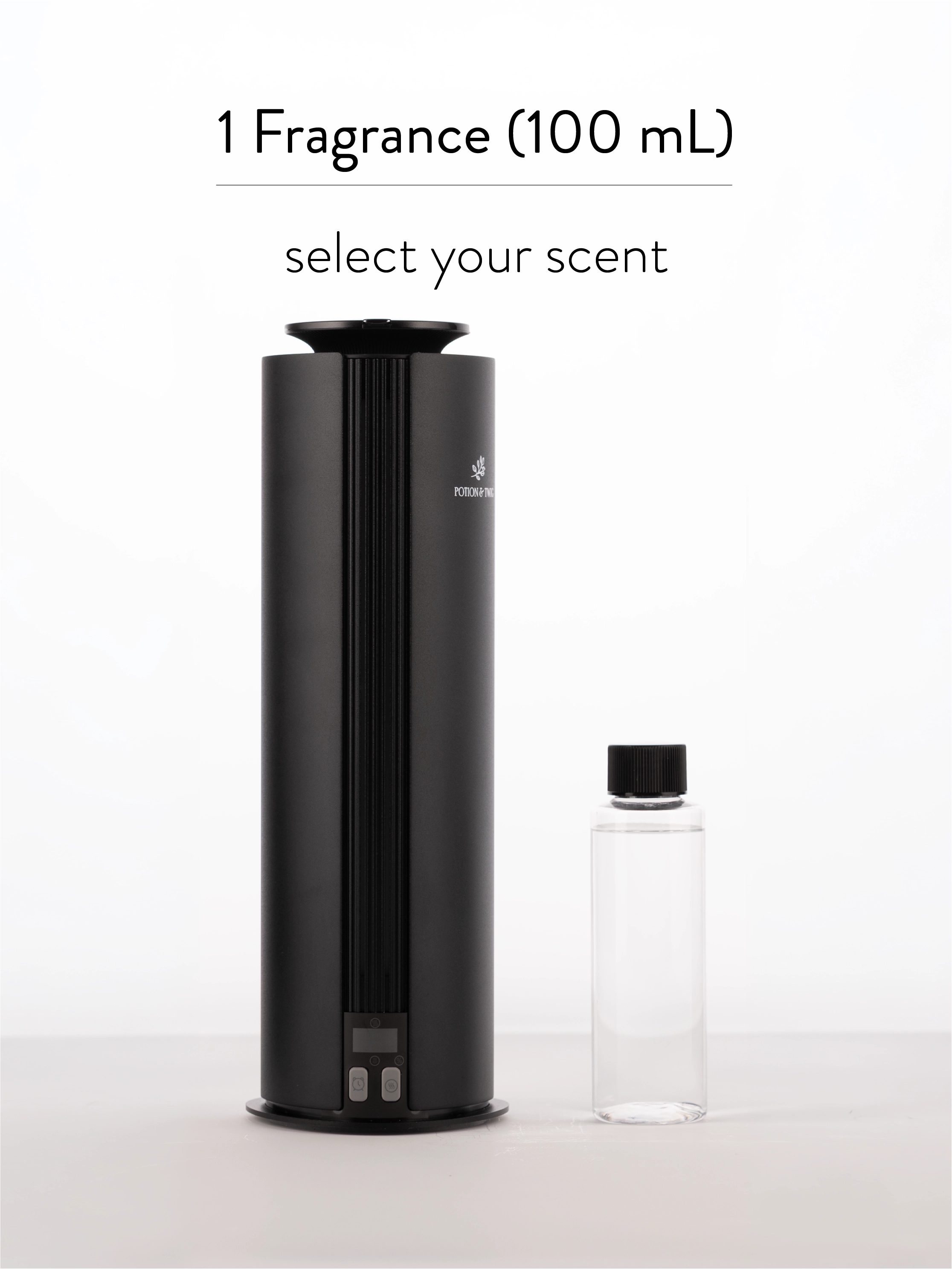 Black fragrance diffuser and clear bottle on a white background