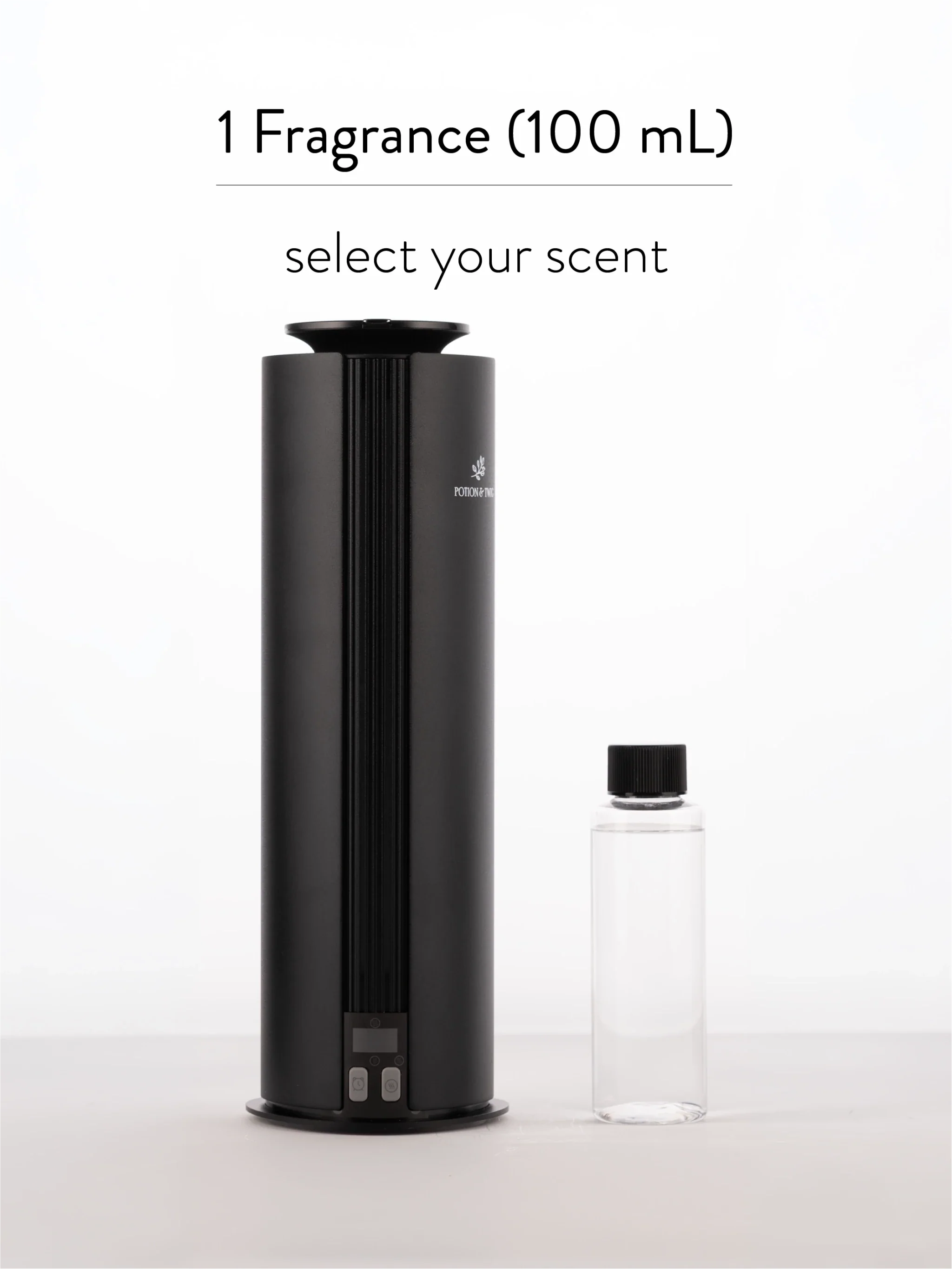Black fragrance diffuser and clear bottle on a white background