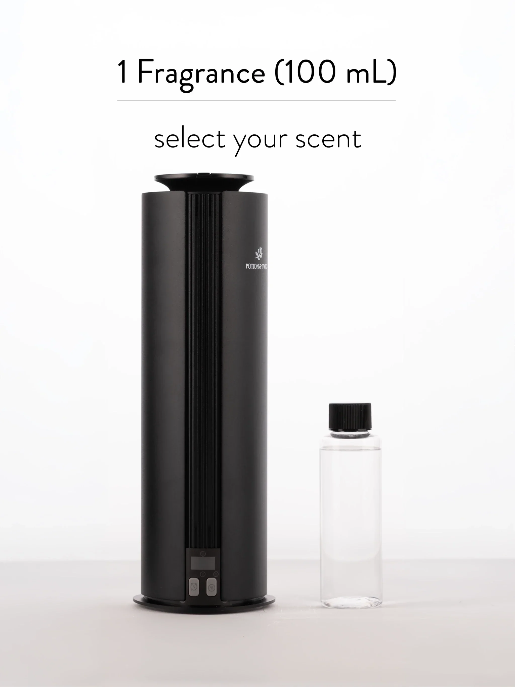 Black fragrance diffuser and clear bottle on a white background