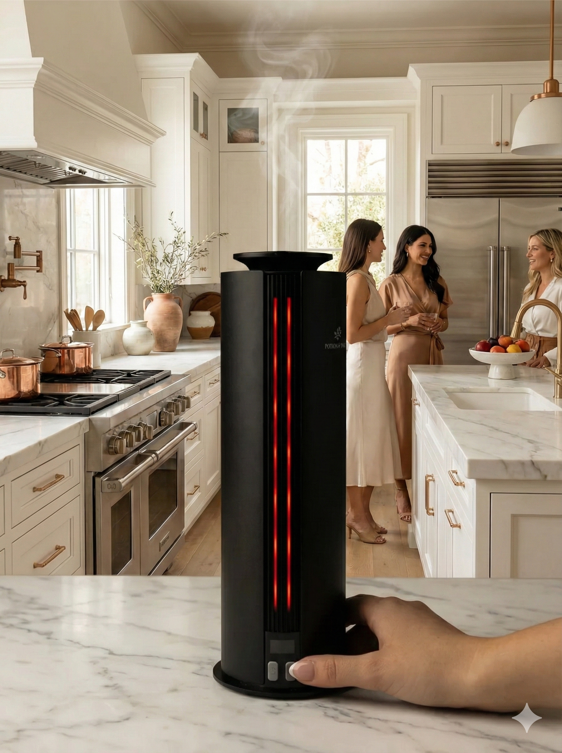 Black Spire Scent Diffuser on a kitchen counter, with people in the background.