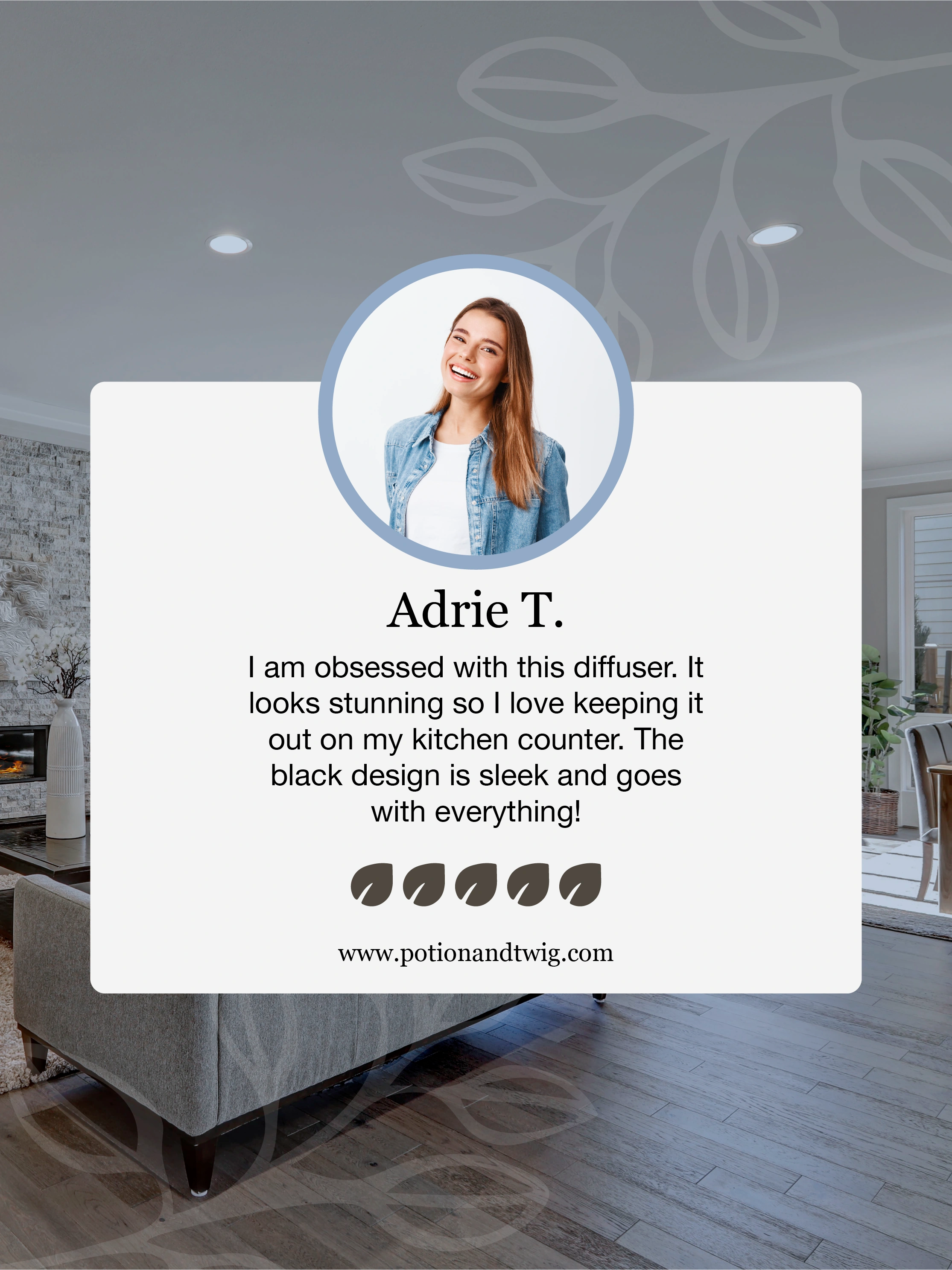Product review card with a woman's face and text about a diffuser in a kitchen setting