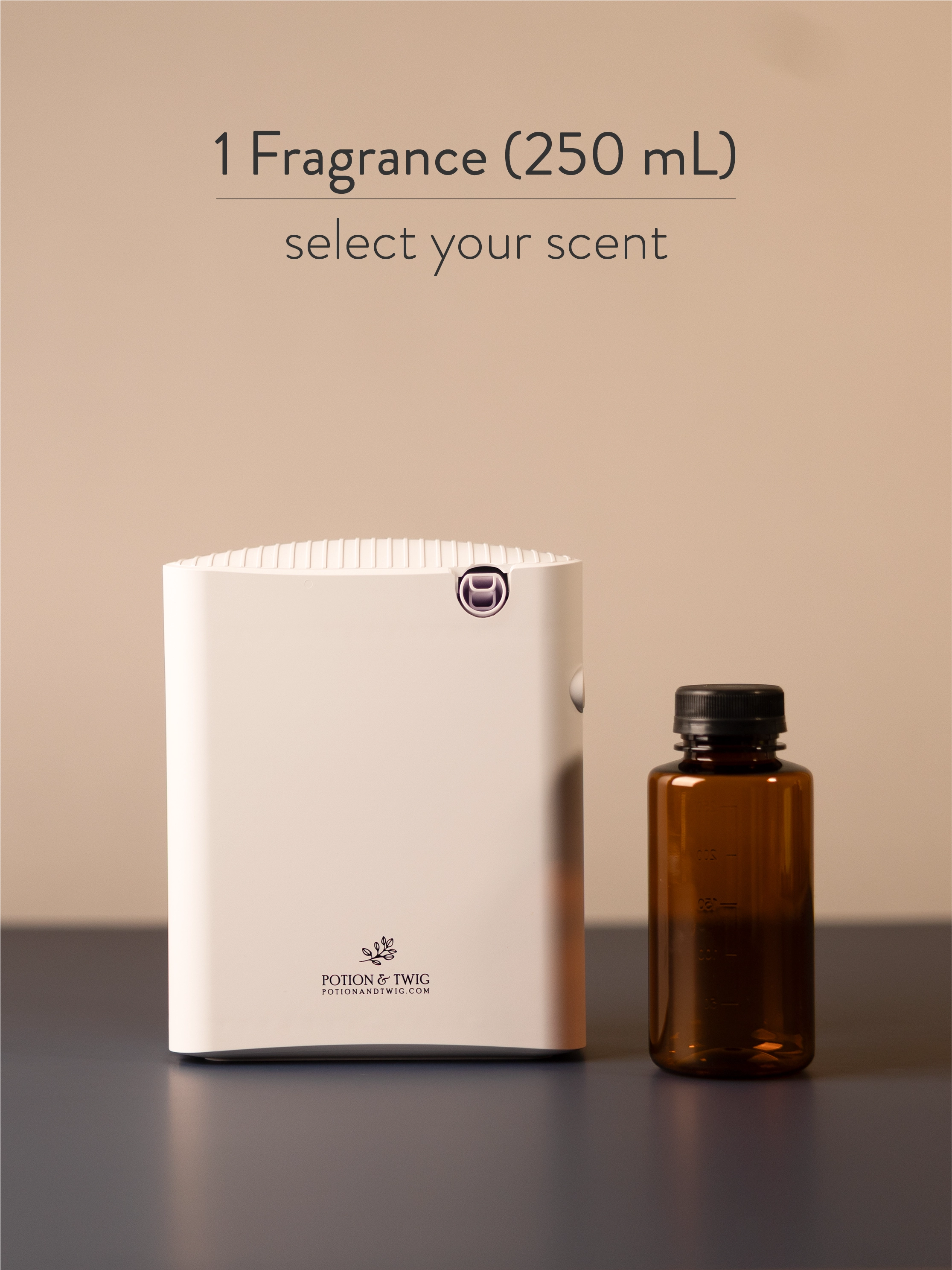 White Gallery scent diffuser next to a bottle of fragrance oil. Text 1 fragrance select your scent