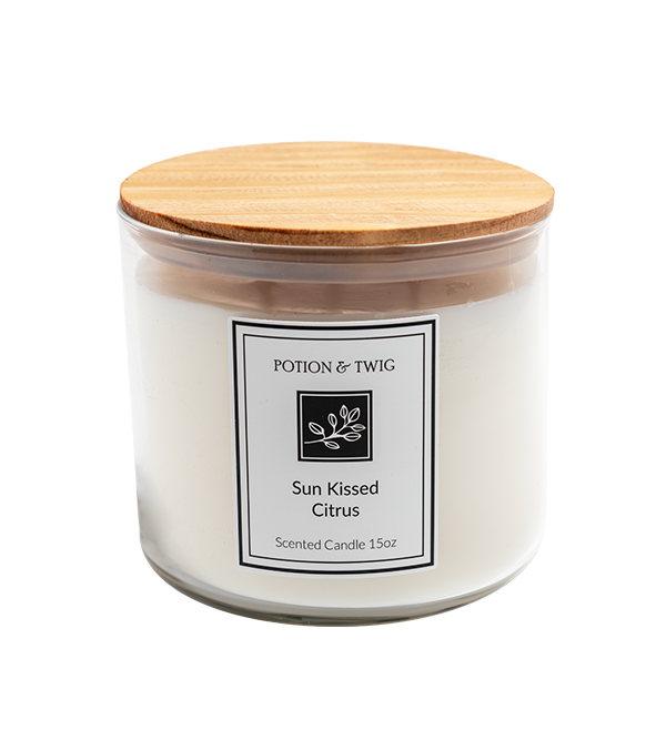 Sun Kissed Citrus 15oz three wick candle with apple, peach, and blackberry scent