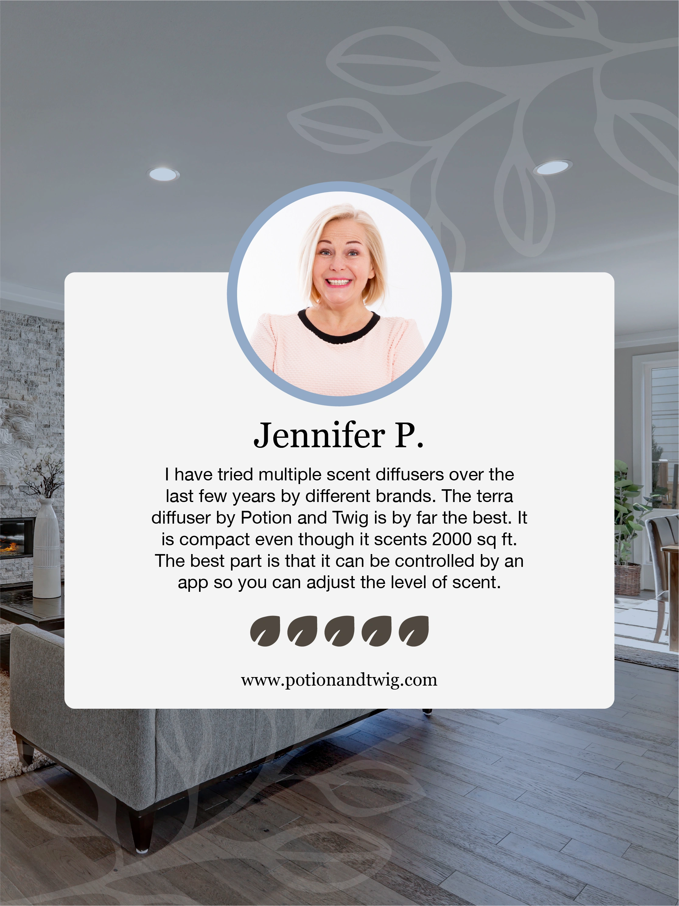 Person with a quote about diffusers in a living room setting