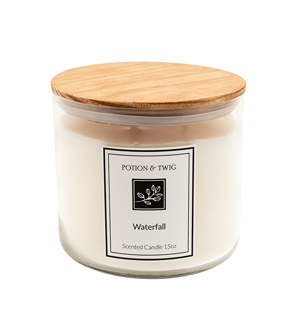 Waterfall 15oz 3 wick candle with marine waters lemon jasmine rosemary and musk fragrance