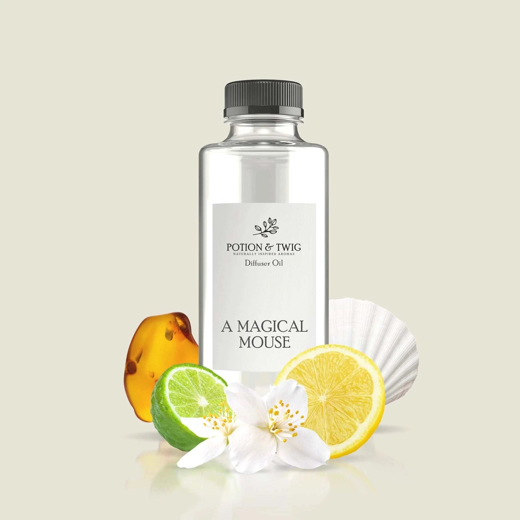 A Magical Mouse fragrance bottle with lemon, bergamot, ocean breeze, jasmine, amber, and musk notes