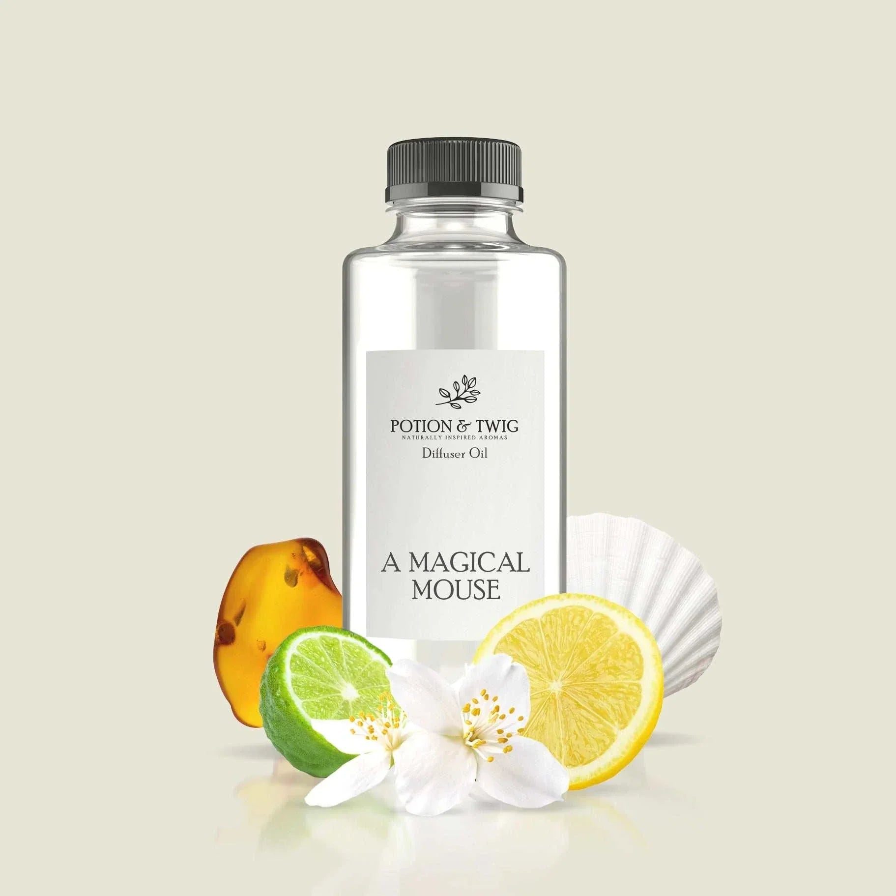 A Magical Mouse fragrance bottle with lemon, bergamot, ocean breeze, jasmine, amber, and musk notes