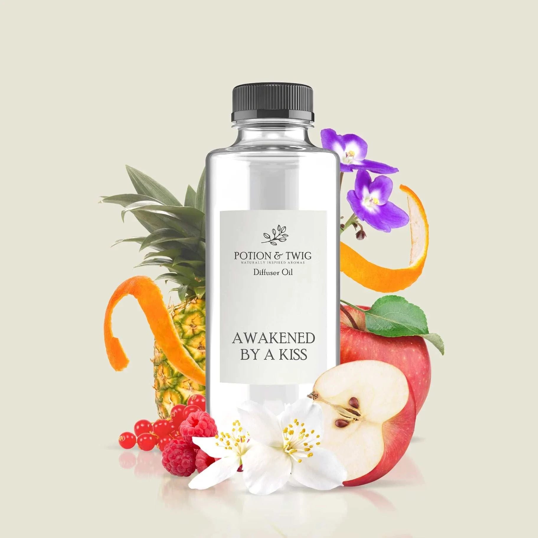 Romantic perfume bottle with vibrant fruit and floral notes inspired by Awakened by a Kiss fragrance