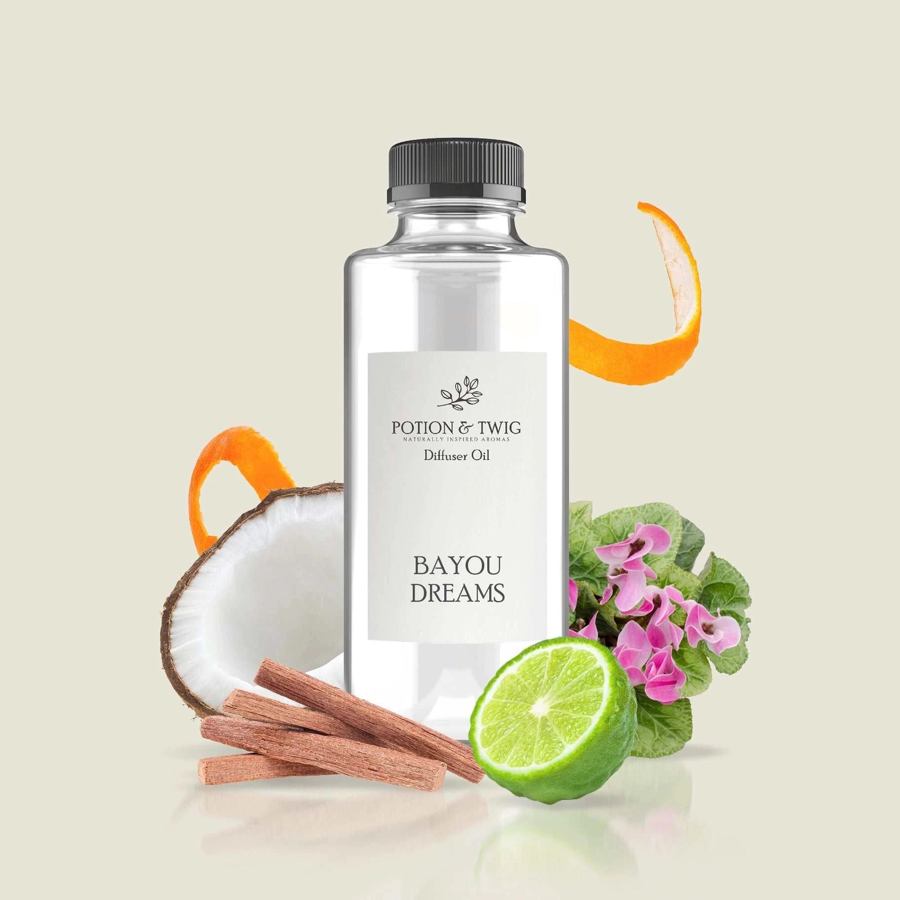 Bottle of Bayou Dreams fragrance with tropical and floral notes against a soft background