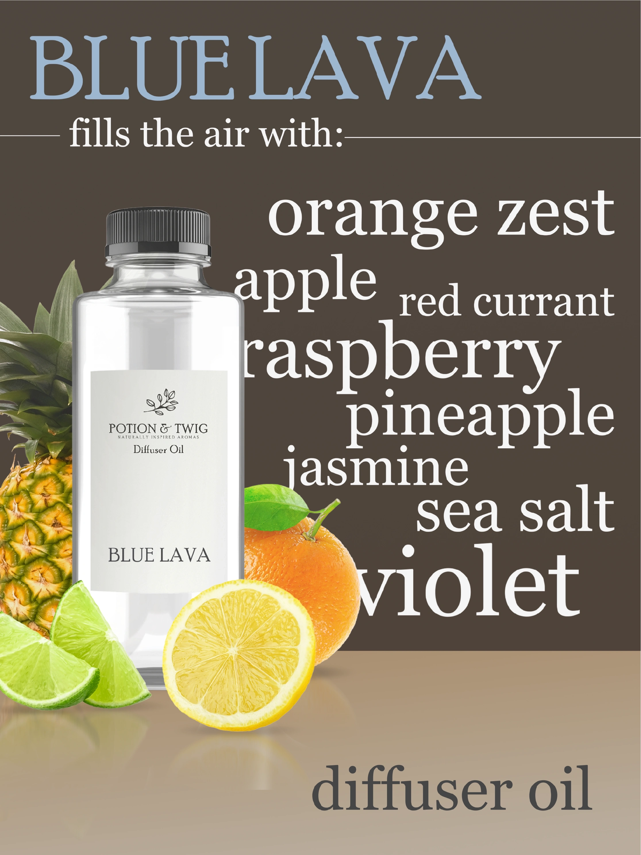 Diffuser Oil bottle called Blue Lava with all the scent notes