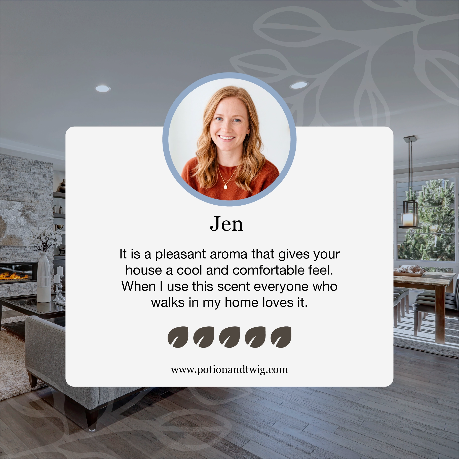 Person with a pleasant aroma description overlay in a living room setting